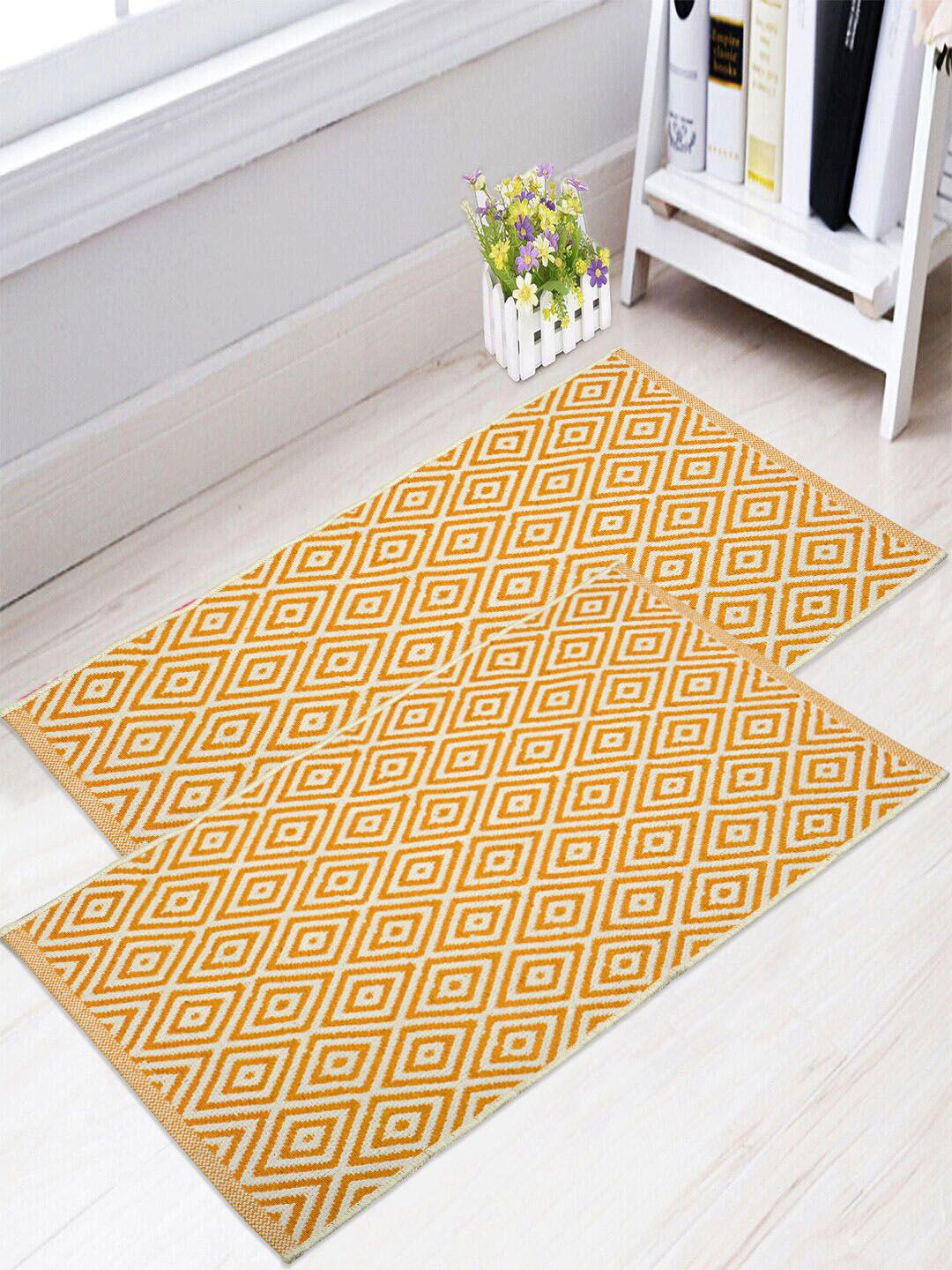 Saral Home Set Of 2 Yellow & White Geometric Floor Mats Price in India