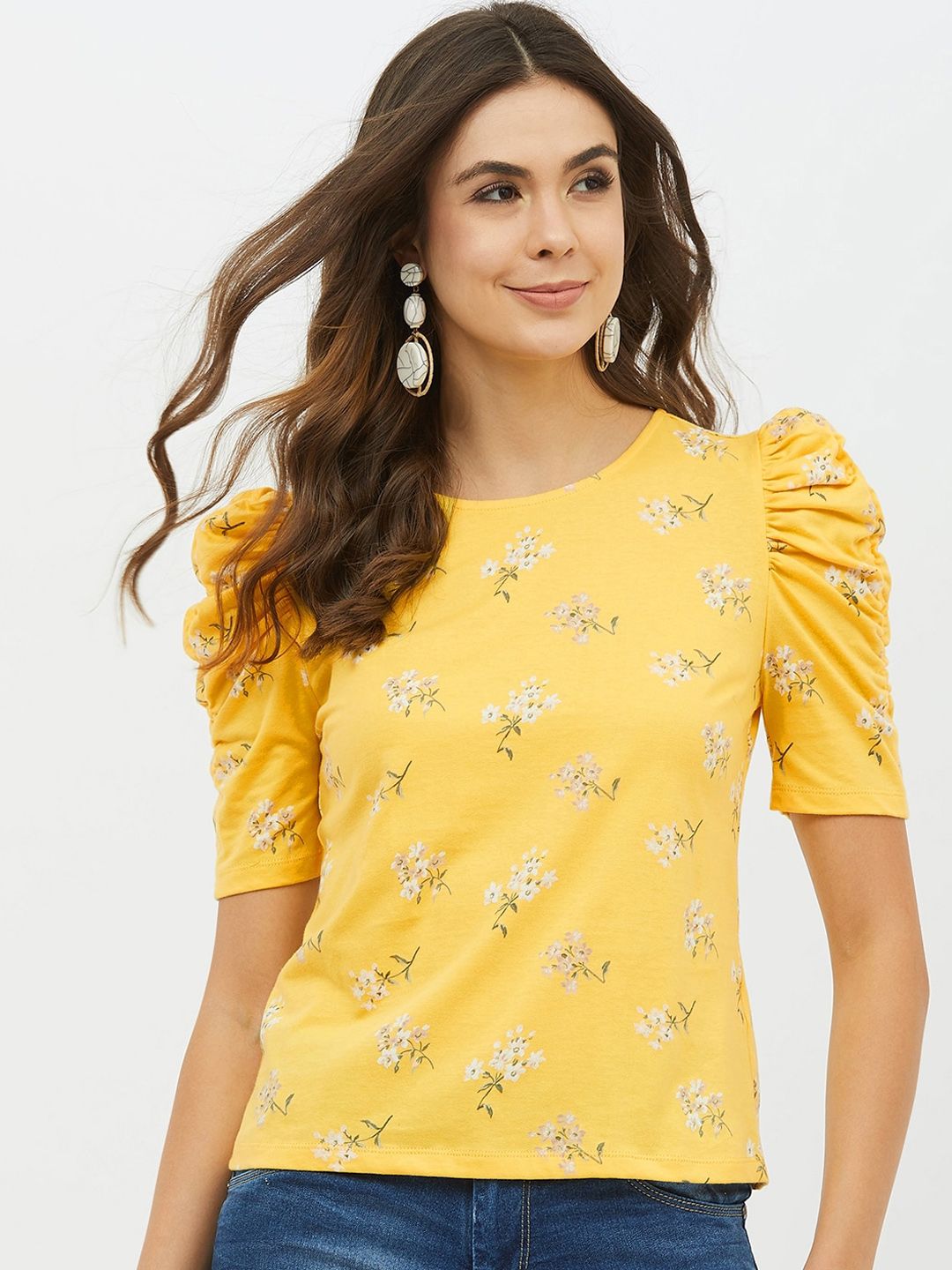 Harpa Women Yellow Printed Round Neck T-shirt