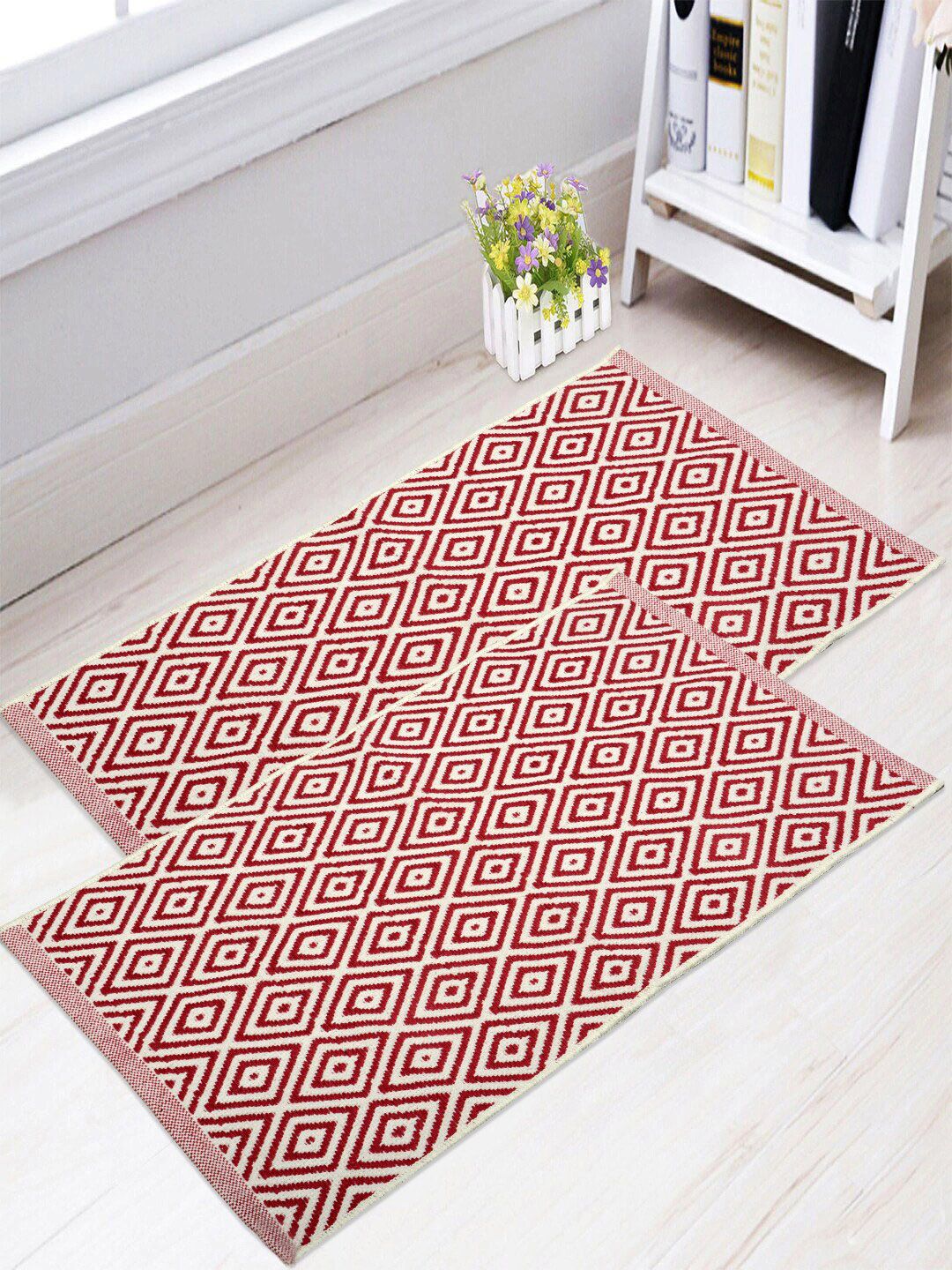 Saral Home Set Of 2 Red & White Geometric Floor Mats Price in India