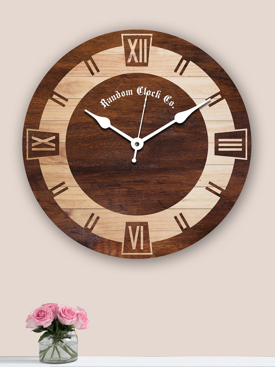 RANDOM Brown & Beige Printed 30.48 cm New Modern Rustic Wooden Analogue Wall Clock Price in India