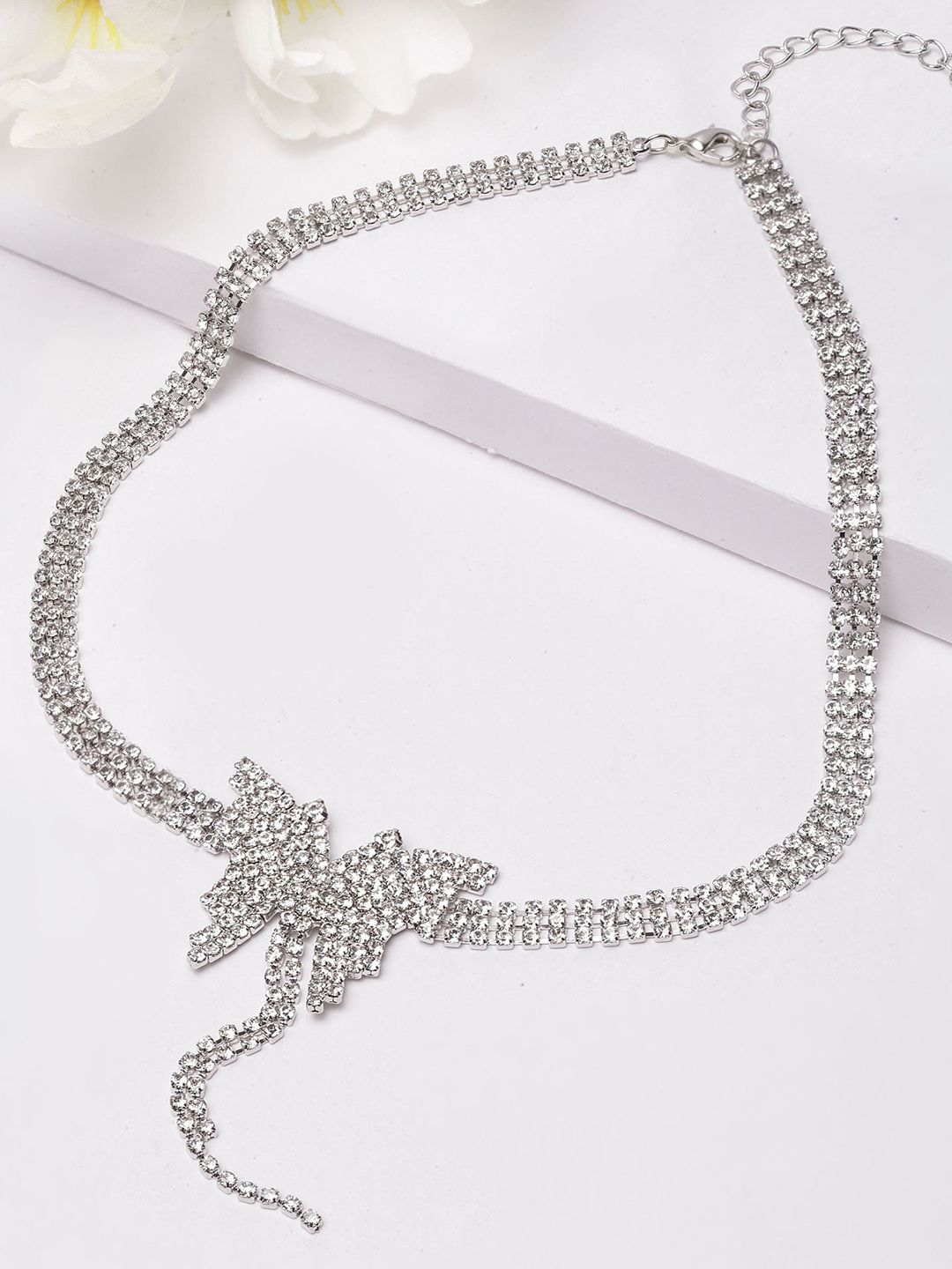 AVANT-GARDE PARIS Rhodium-Plated Silver-Toned & White Stone-Studded Choker Necklace Price in India