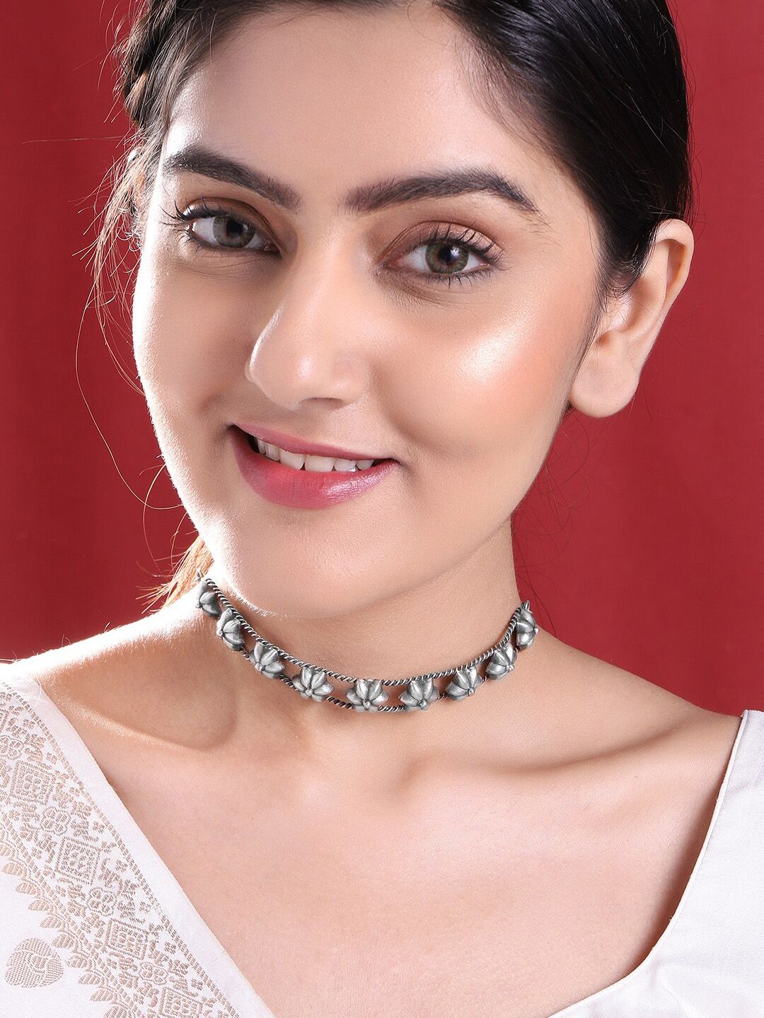 Rubans Oxidised Silver-Plated Handcrafted Choker Necklace Price in India