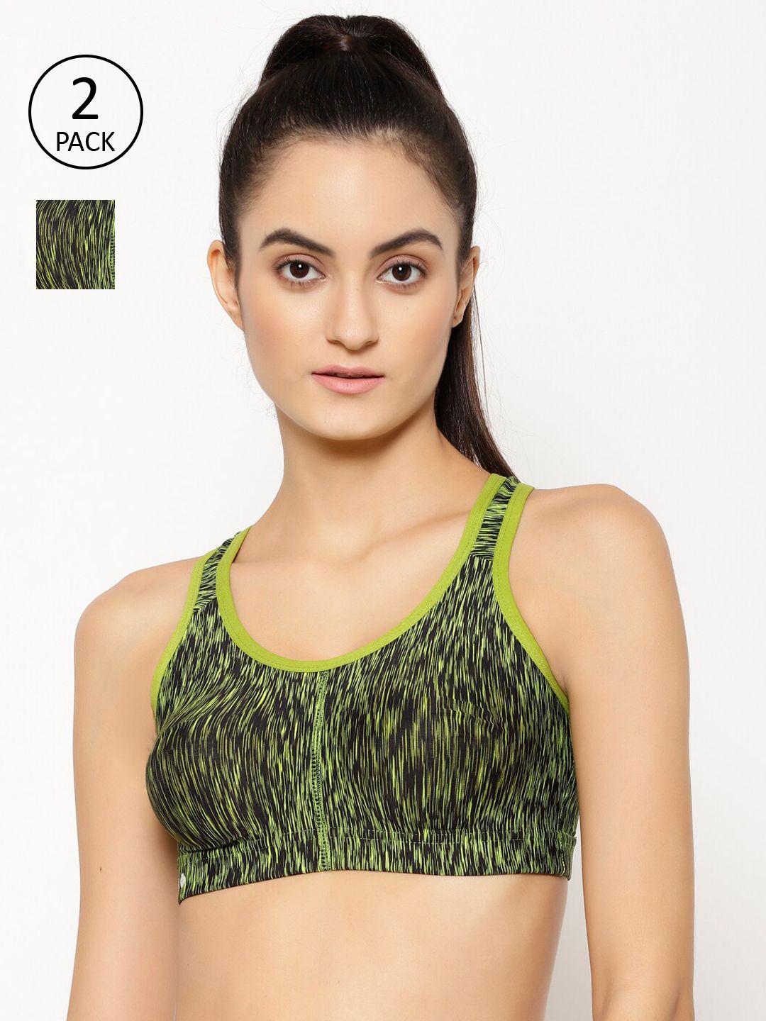 Floret Lime Pack Of 2 Green & Black Printed Non-Padded Non-Wired Rapiddry Workout BraT3066 Price in India
