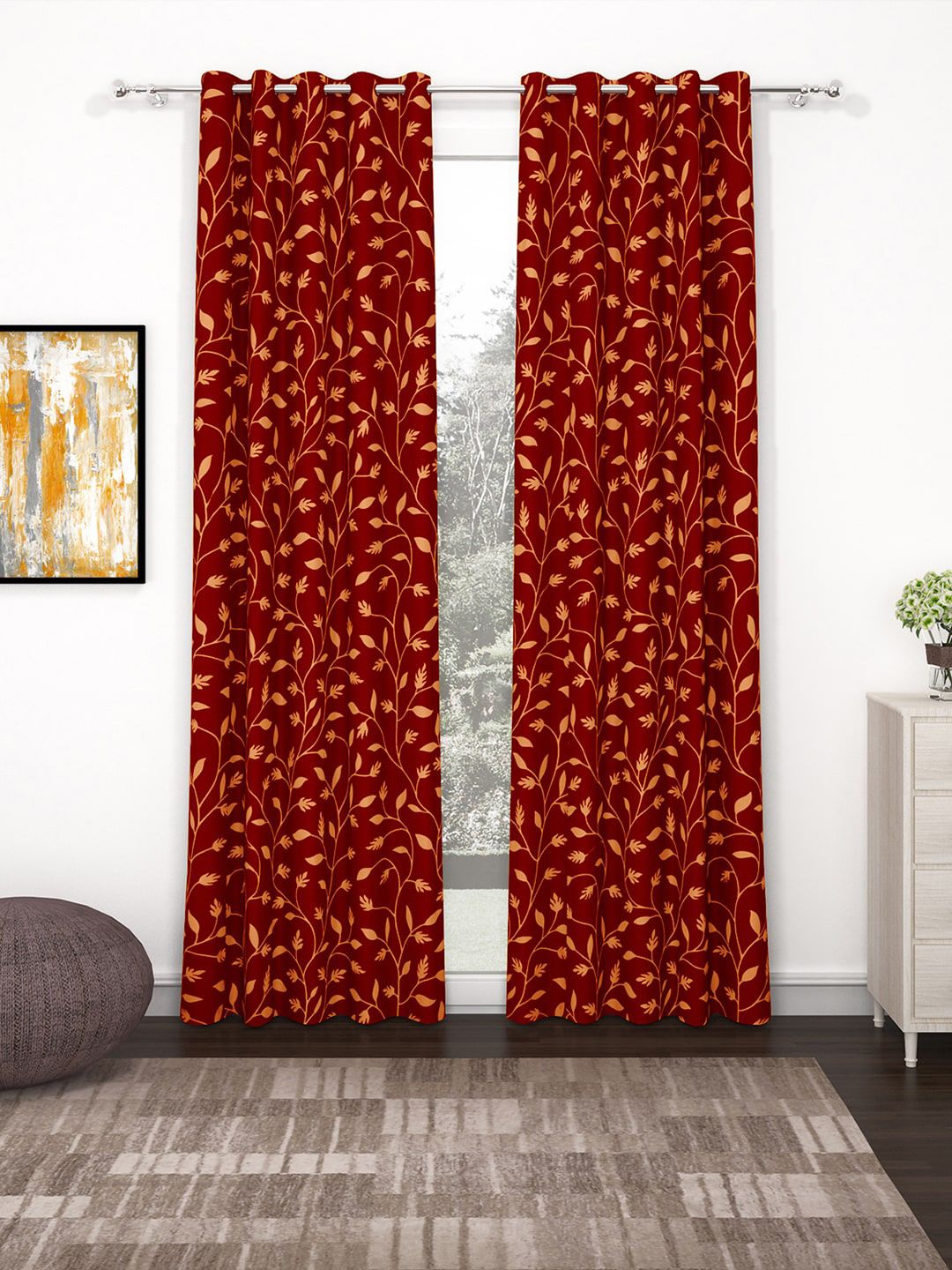 Bedspun Set Of 2 Maroon & Orange Printed Polyetser Eyelet Ringtop Door Curtains Price in India