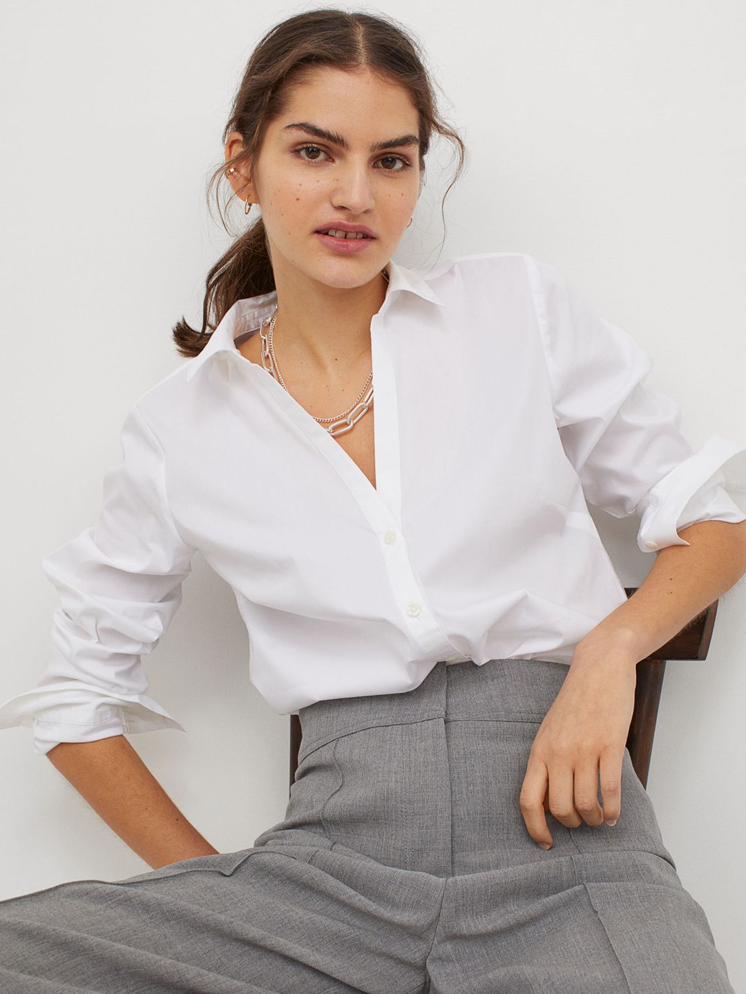 H&M Women White Solid Cotton Poplin Shirt