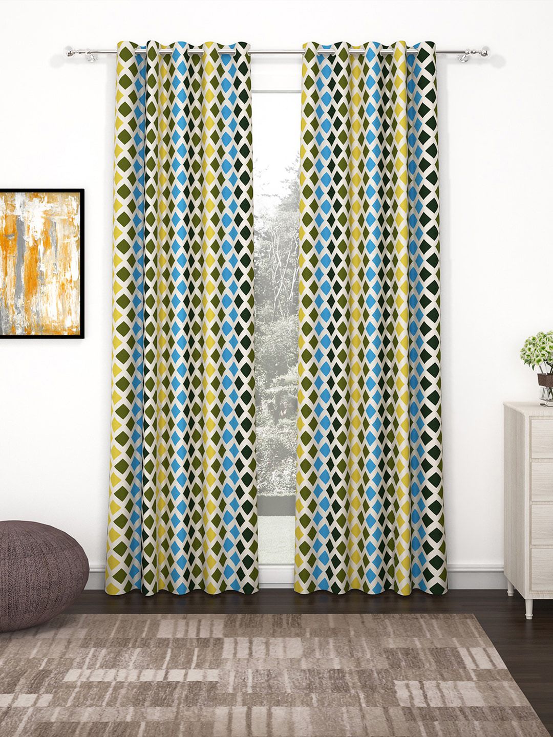 Bedspun Set Of 2 Green & Blue Printed Polyetser Eyelet Ringtop Door Curtains-7 feet Price in India