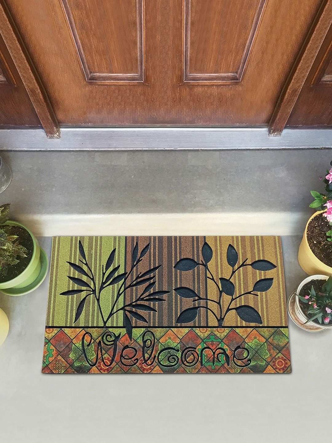 OBSESSIONS Green & Brown Printed Verona Anti-Skid Sustainable Outdoor Door Mat Price in India