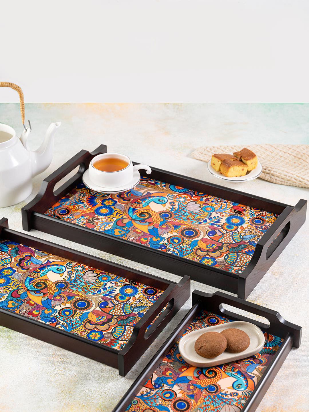 KOLOROBIA Multicoloured Printed Peacock Admiration Small Wooden Tray Price in India
