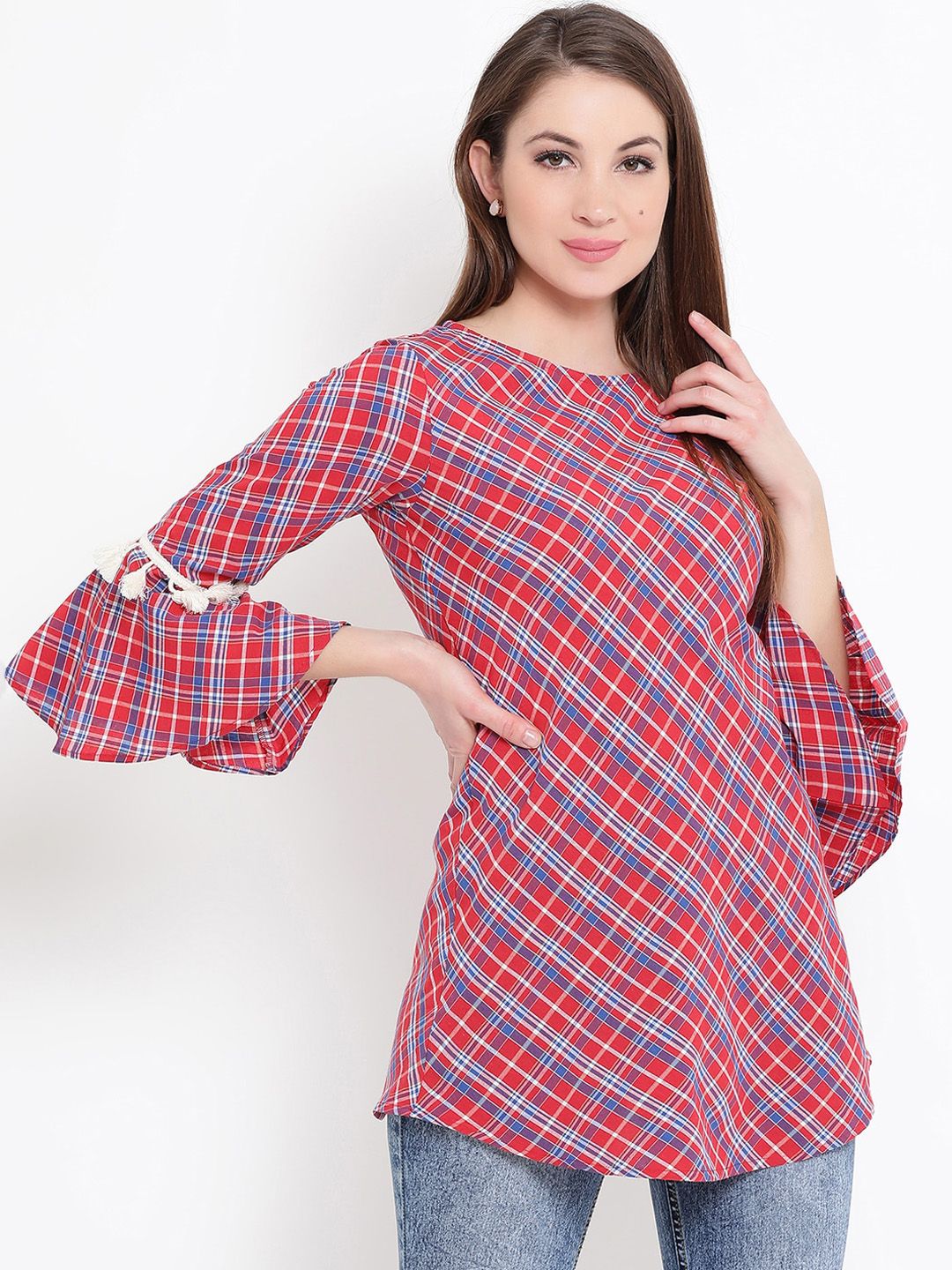FABNEST Women Red & Blue Checked Tunic Price in India