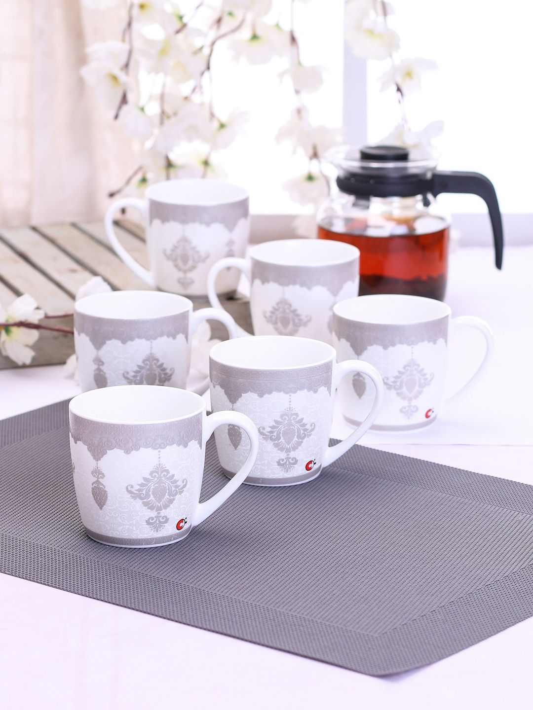 CLAY CRAFT Set Of 6 White & Grey Floral Printed Ceramic Cups Price in India