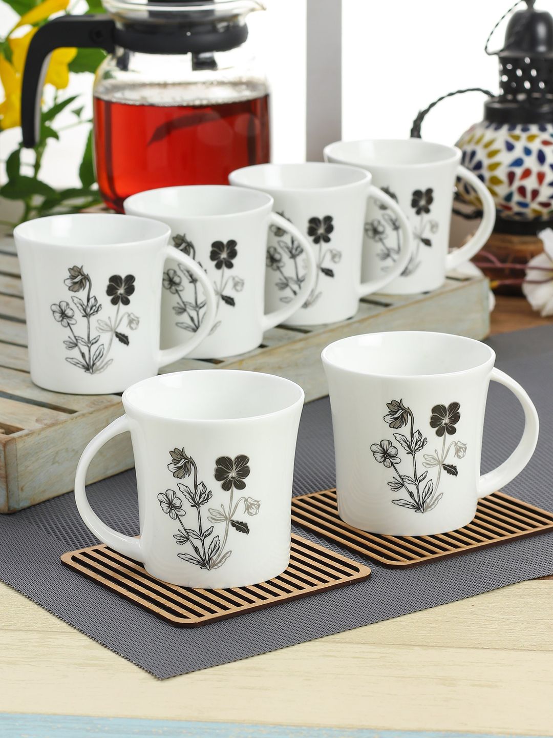 CLAY CRAFT Set Of 6 White & Black Floral Printed Cups Price in India