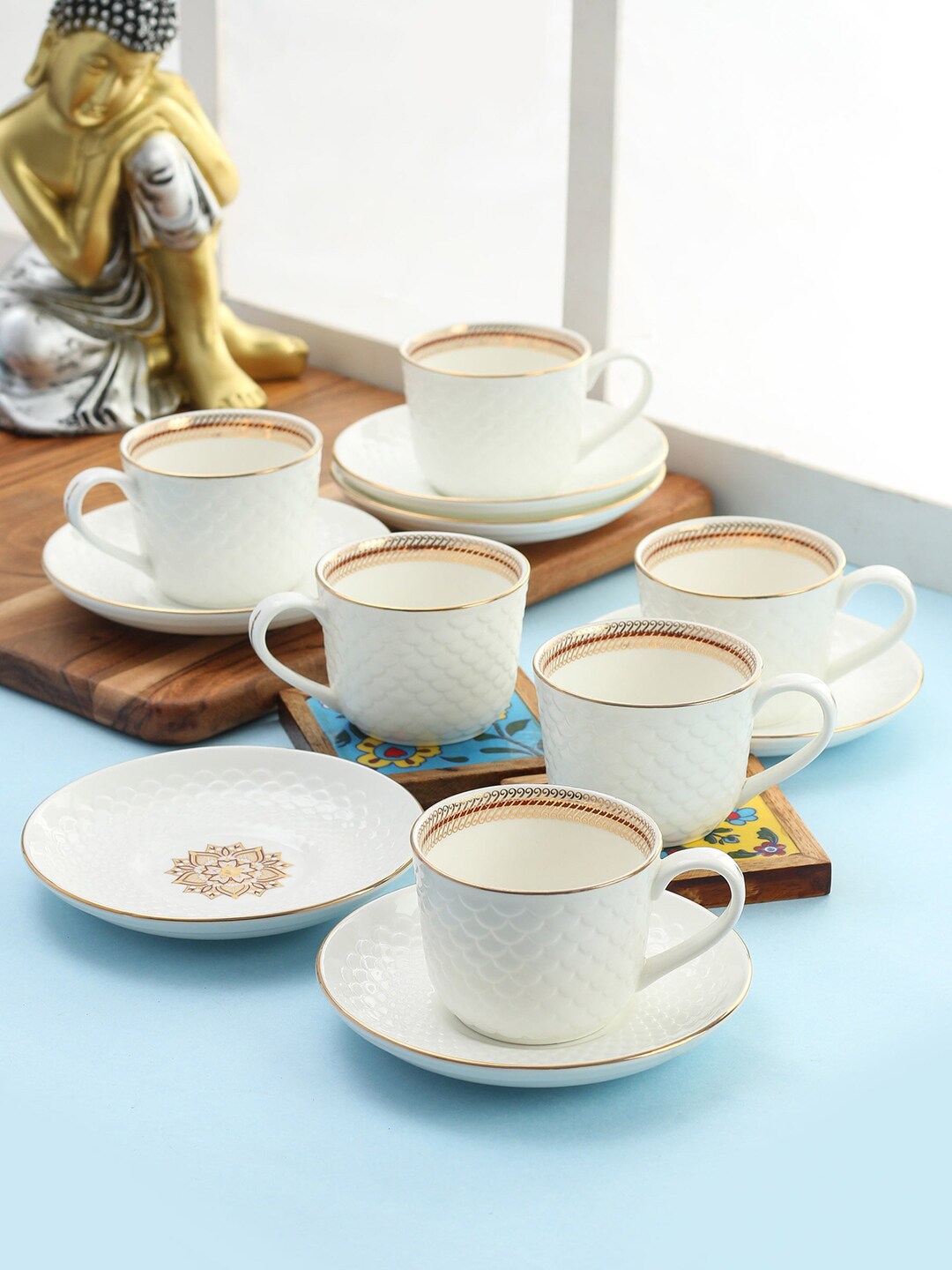 CLAY CRAFT White & Brown Set of 6 Printed Ceramic Cups and Saucers Price in India