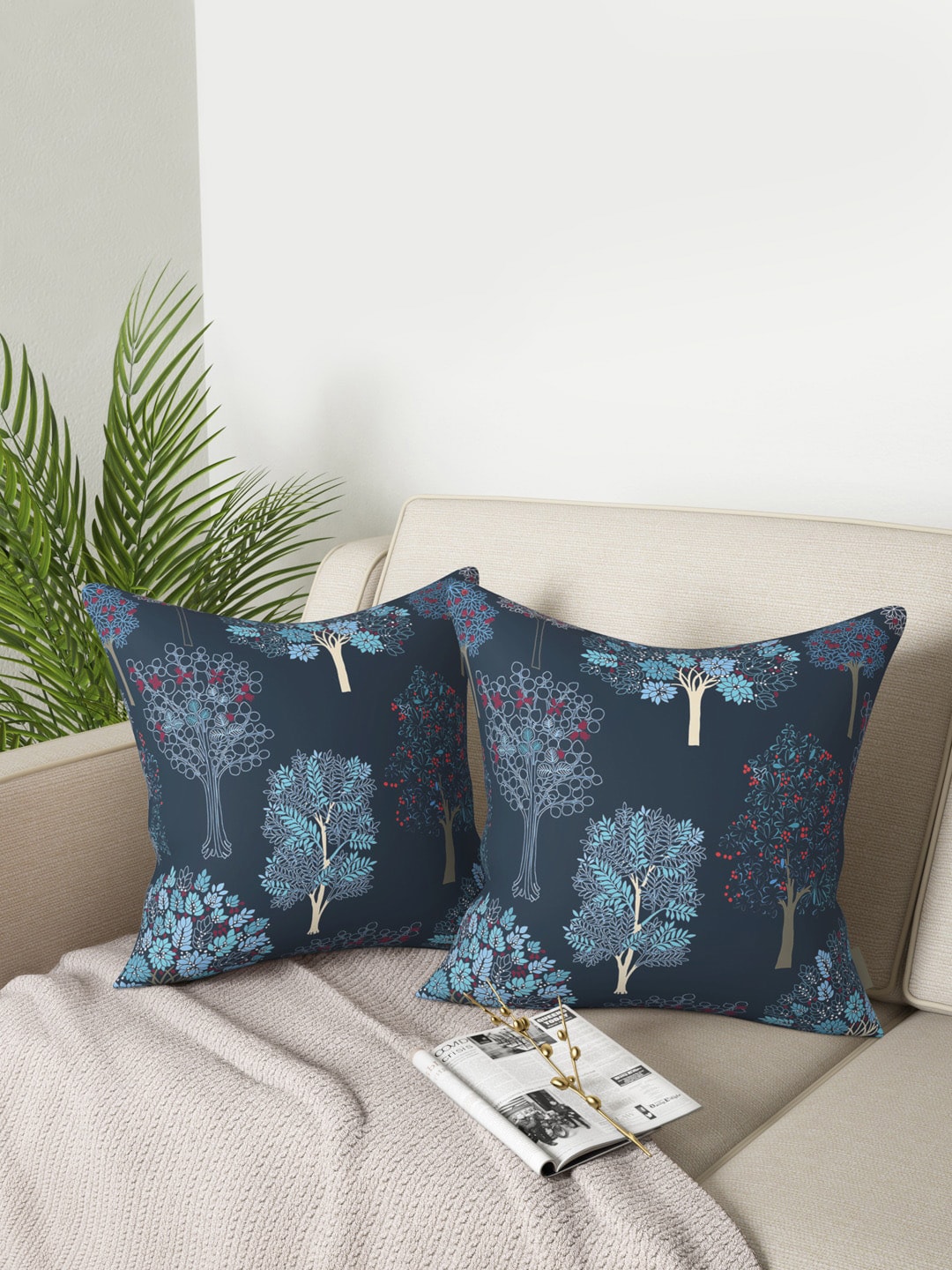PETAL HOME Set Of 2 Blue Floral Square Cushions Price in India