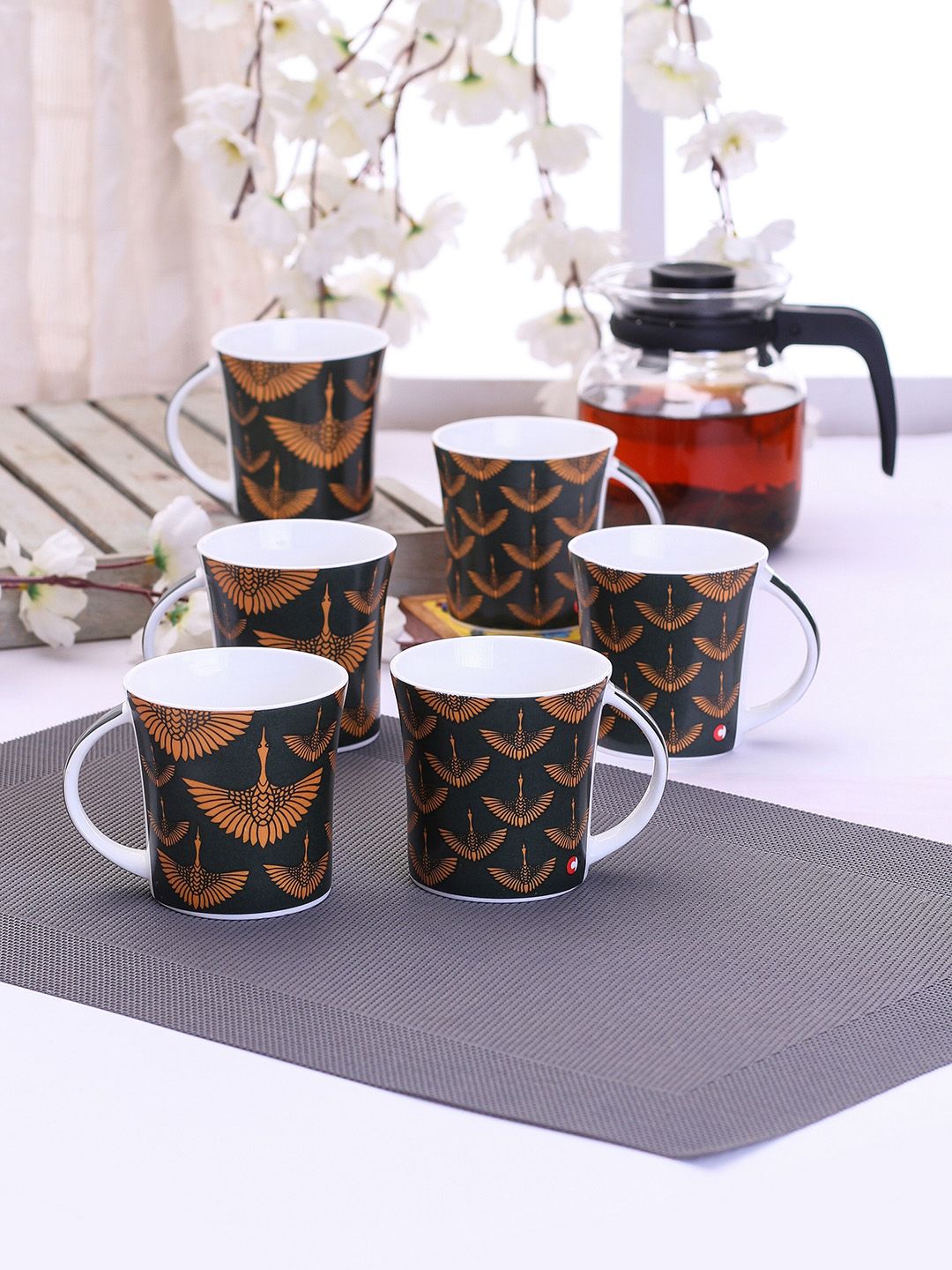 Clay craft Set Of 6 Black & Orange Floral Printed Mugs Price in India