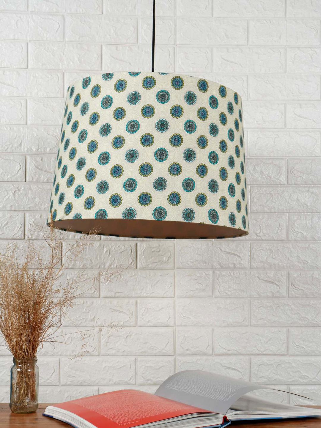 Grated Ginger Beige & Green Printed Mandala Pattern Frustum Hanging Light Price in India