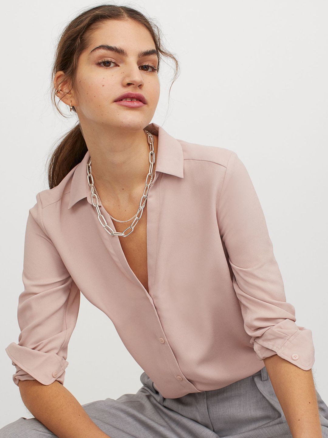 H&M Women Pink Solid V-neck Blouse