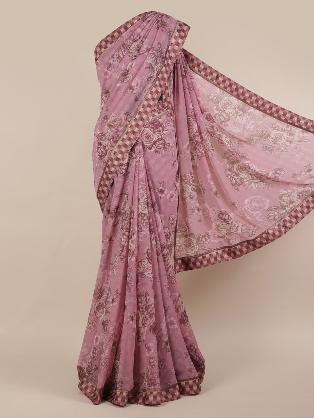 Pothys Pink Printed Poly Chiffon Saree