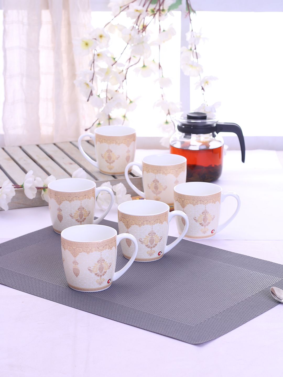 CLAY CRAFT Set Of 6 Cream Coloured & Beige Floral Printed Ceramic Cups Price in India