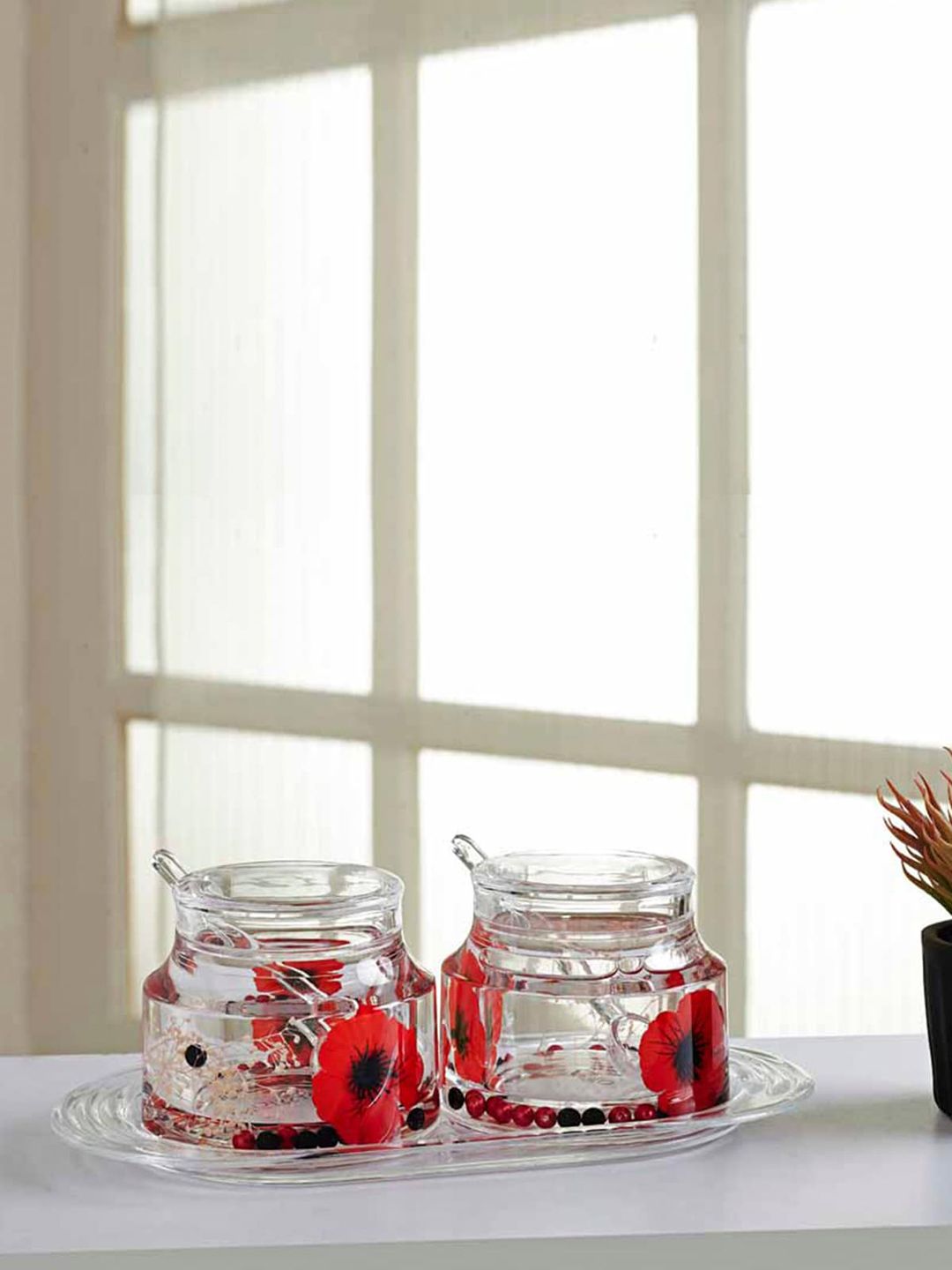 OBSESSIONS Set Of 2 Red & Transparent Floral Print Sugar Jars With Tray Price in India