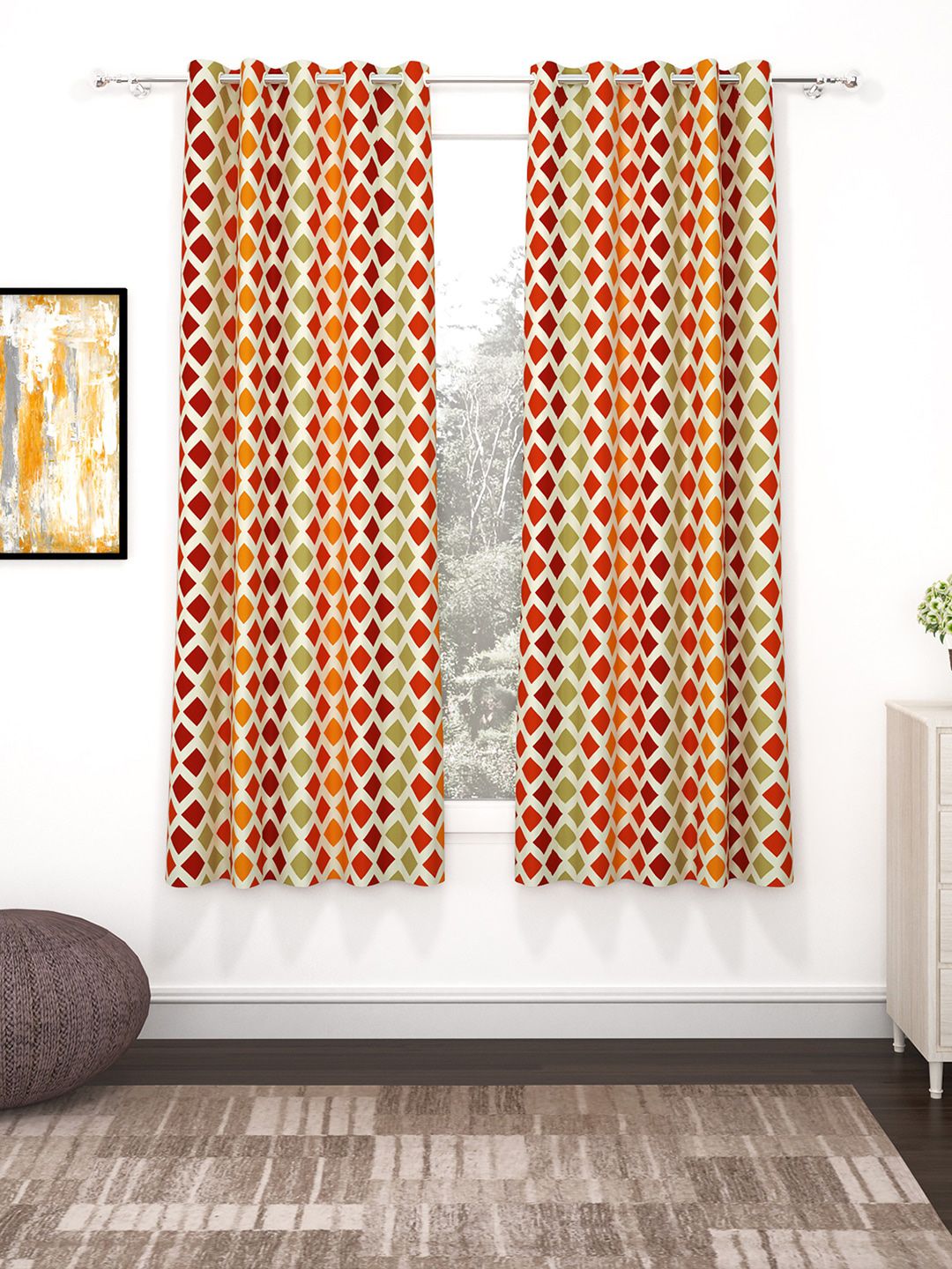 Bedspun Set Of 2 Multicoloured Printed Polyetser Eyelet Ringtop Window Curtains-5 feet Price in India