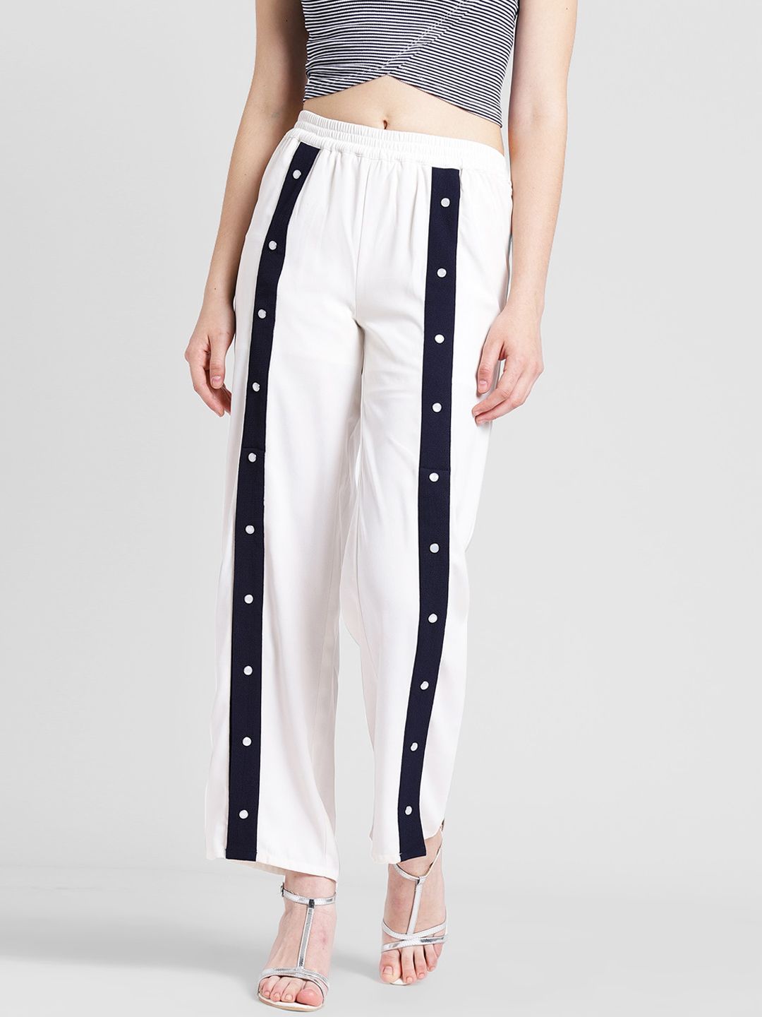 DODO & MOA Women White & Blue Regular Fit Striped Regular Trousers Price in India