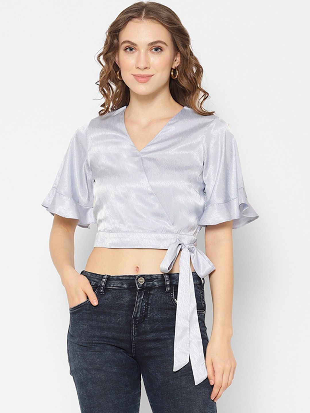 NIXX Women Grey Solid Satin Crop Wrap Top