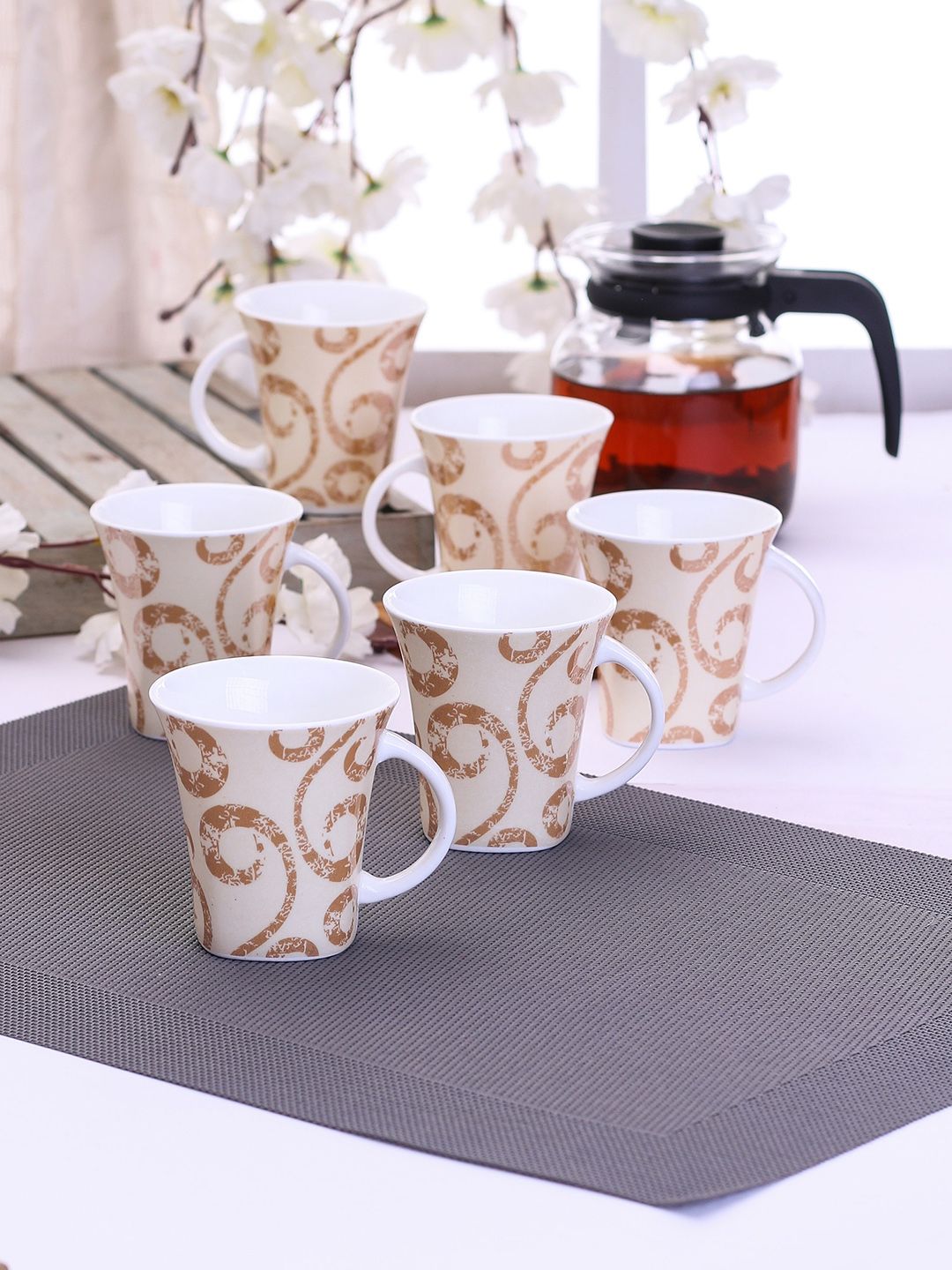 CLAY CRAFT Set of 6 Beige & Brown Printed Ceramic Cup Set Price in India