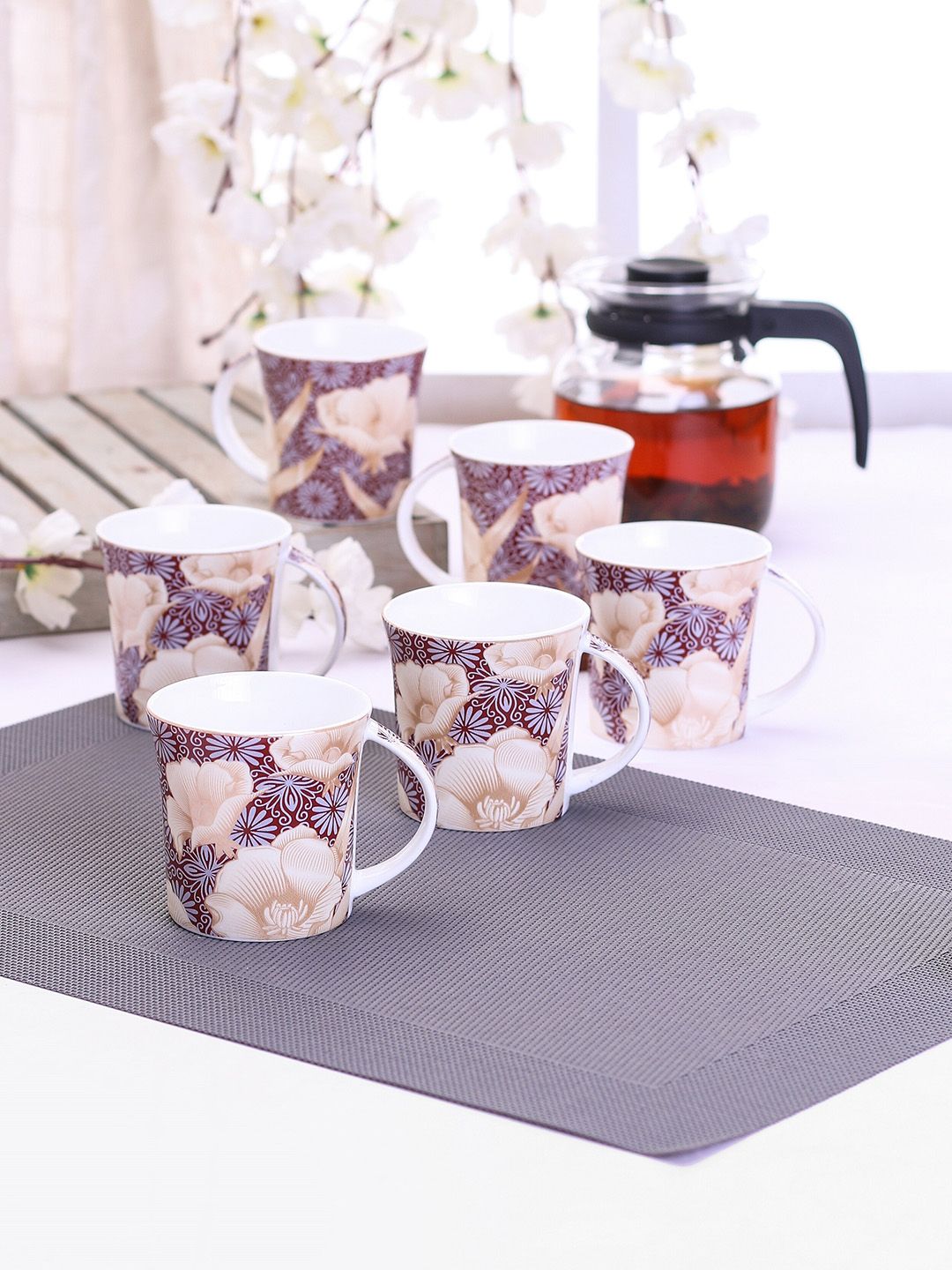 CLAY CRAFT Set Of 6 Maroon & Beige Floral Printed Ceramic Cups Price in India