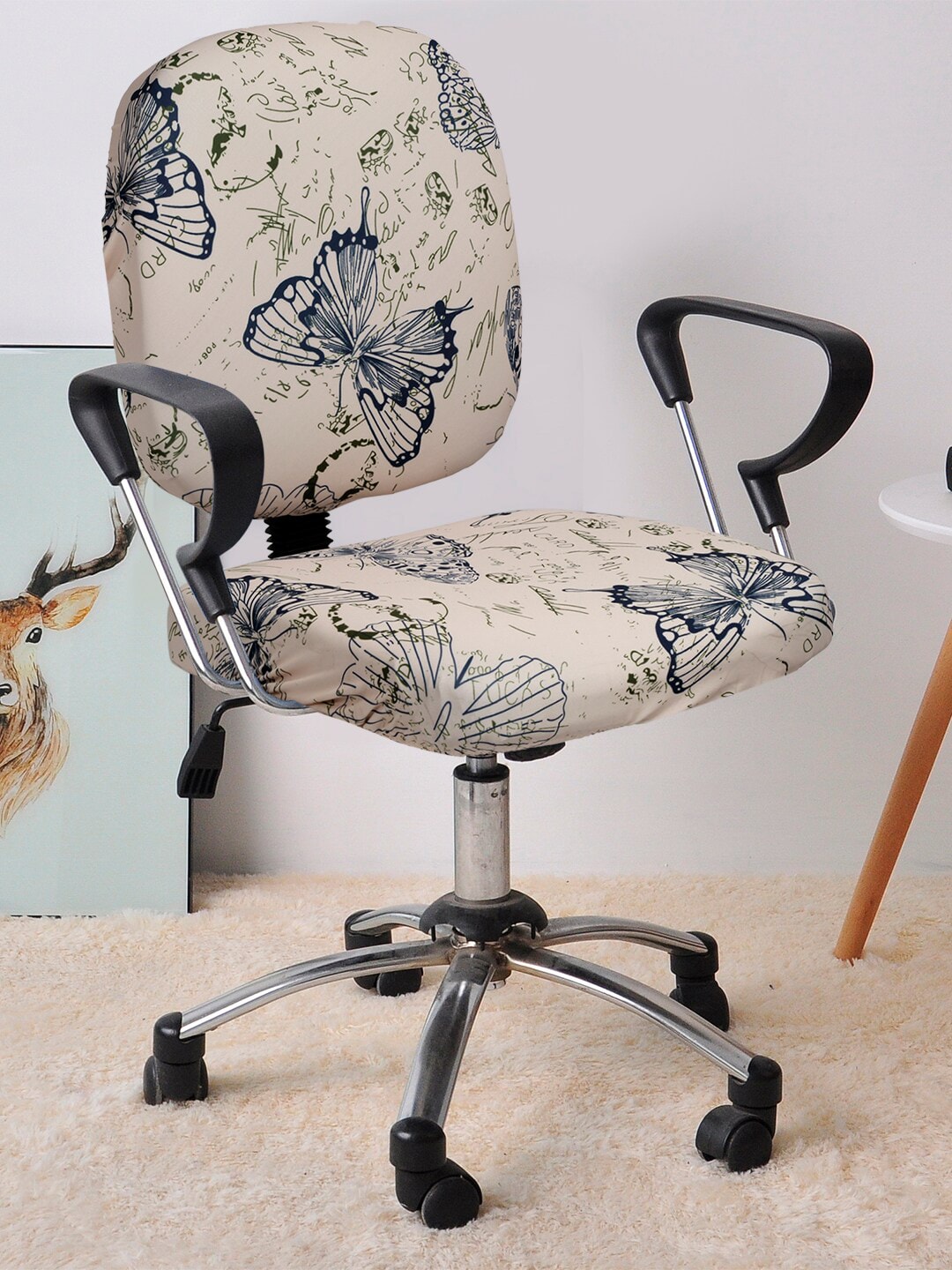 Cortina Set Of 4 Cream-Coloured & Blue Floral Printed Chair Cover Price in India