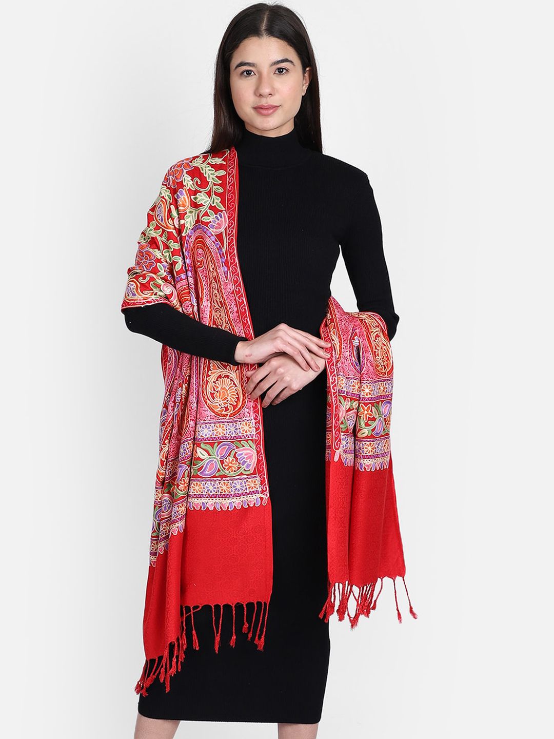 Anekaant Women Red & Pink Paisley Embroidered Woolen Shawl Price in India