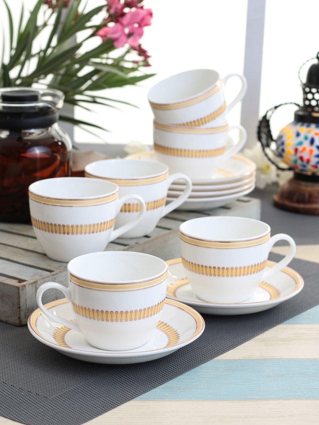 CLAY CRAFT Set Of 12 White & Gold Coloured Printed Ceramic Cups And Saucers Price in India