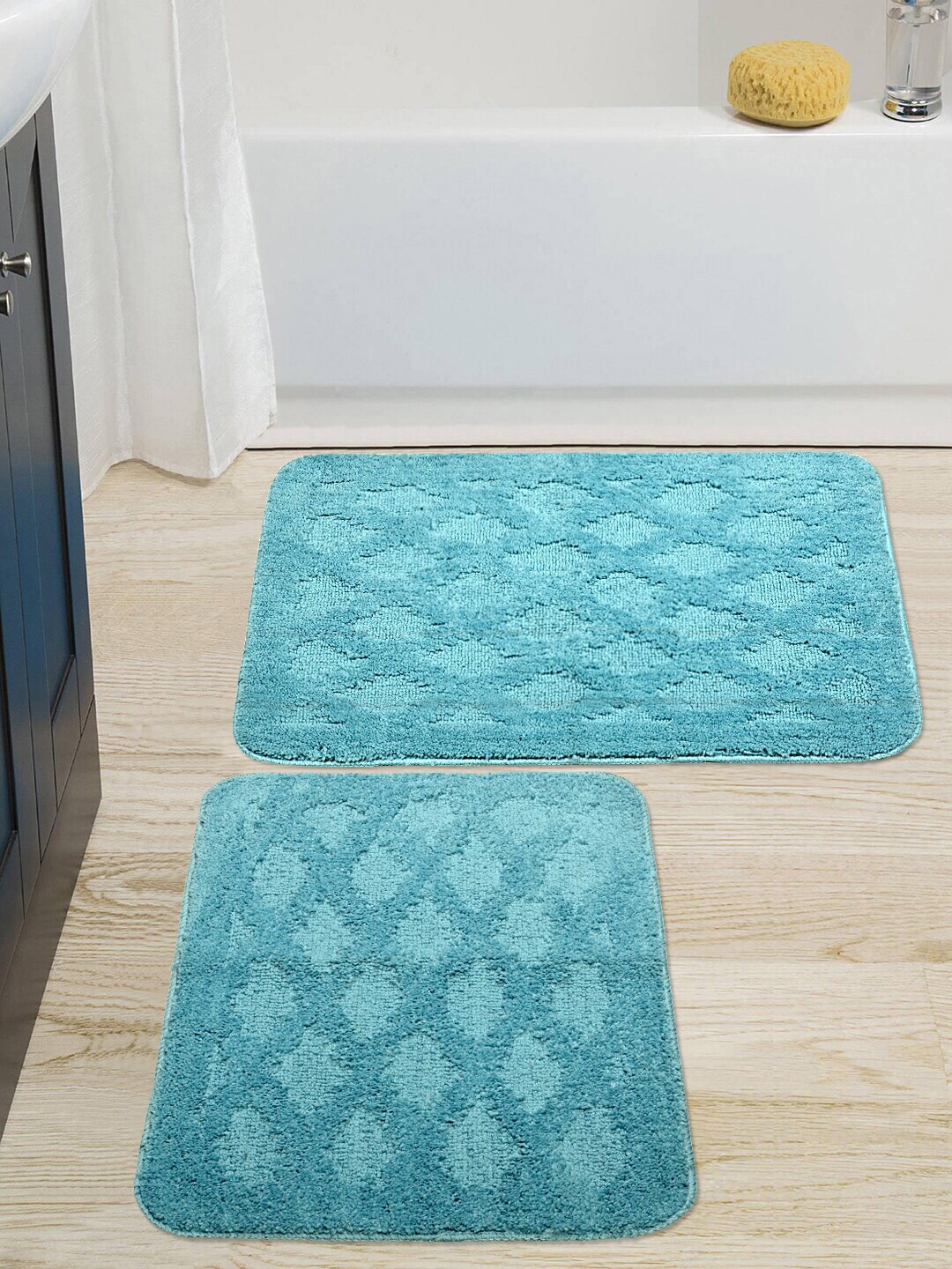 Saral Home Pack Of 2 Blue Self Design Soft Microfiber Anti-Skid Bath Mats Price in India