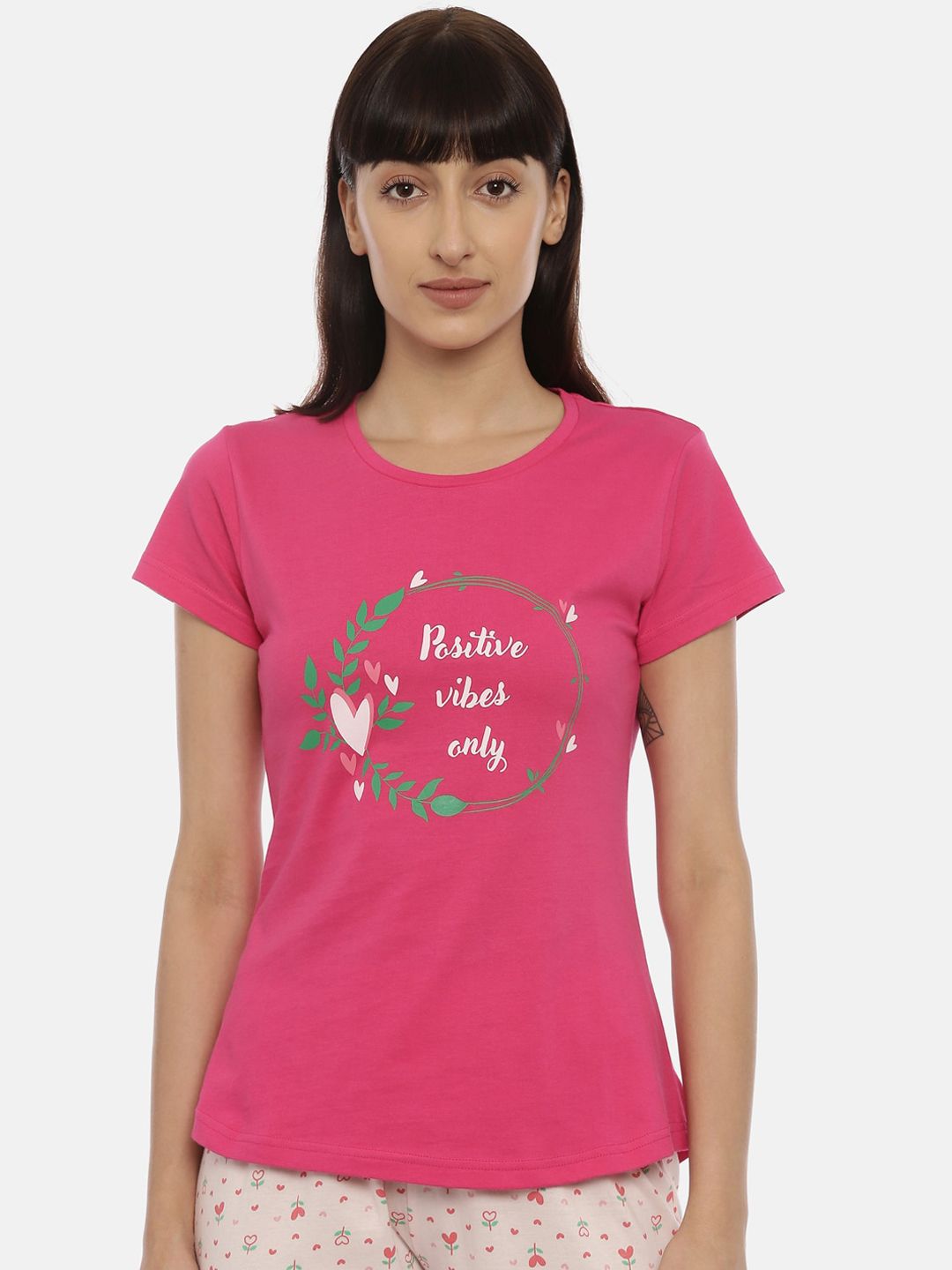 Curare Women Pink & White Printed Lounge T-shirt Price in India