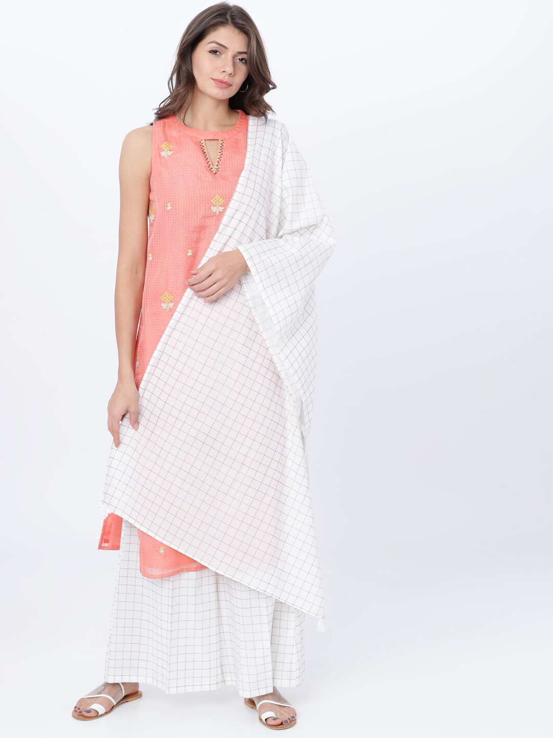 Vishudh Women Off White & Beige Checked Sustainable Pure Cotton Dupatta Price in India