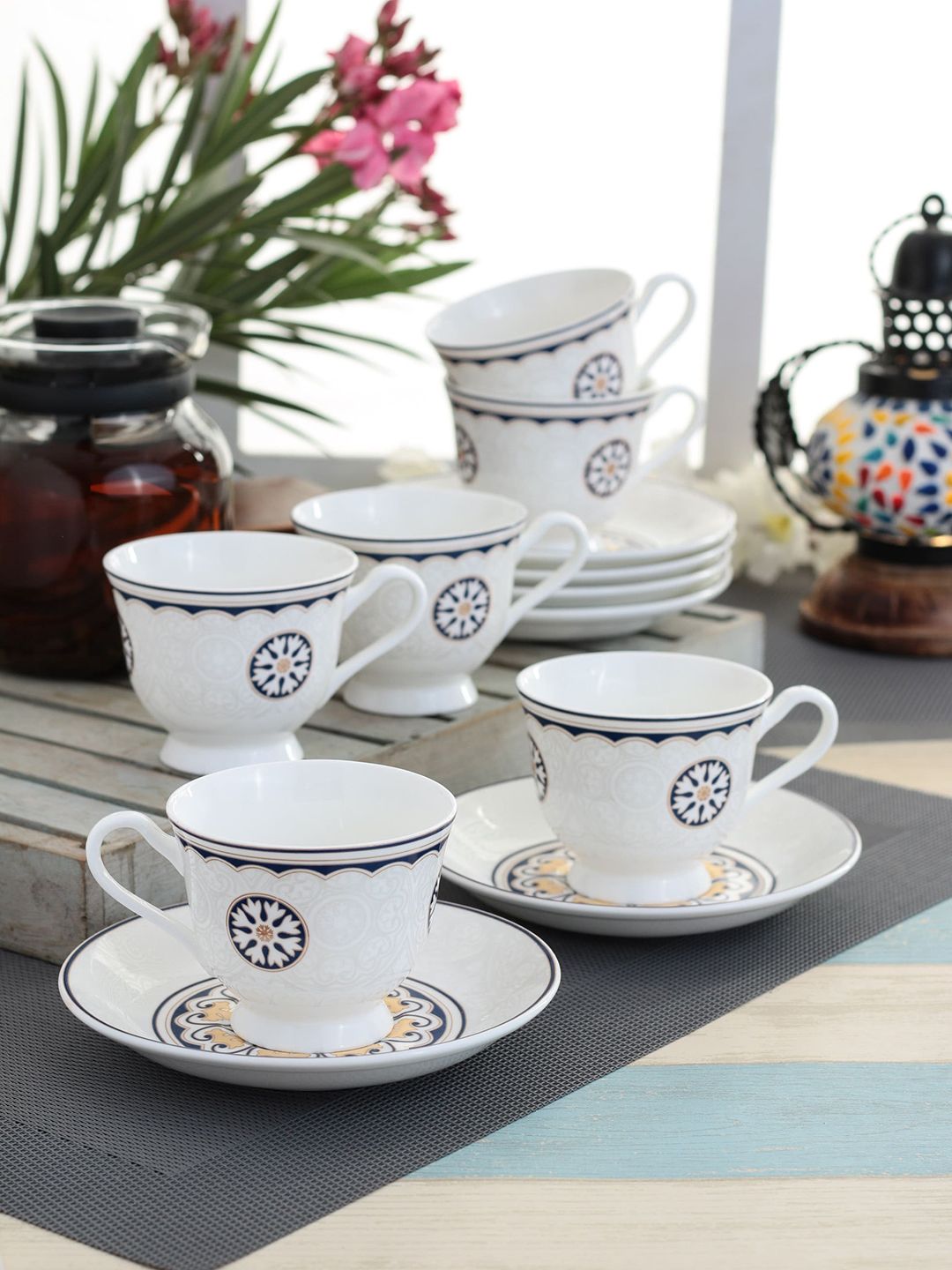 CLAY CRAFT Set of 12 White & Blue Printed Ceramic Cup & Saucer Price in India