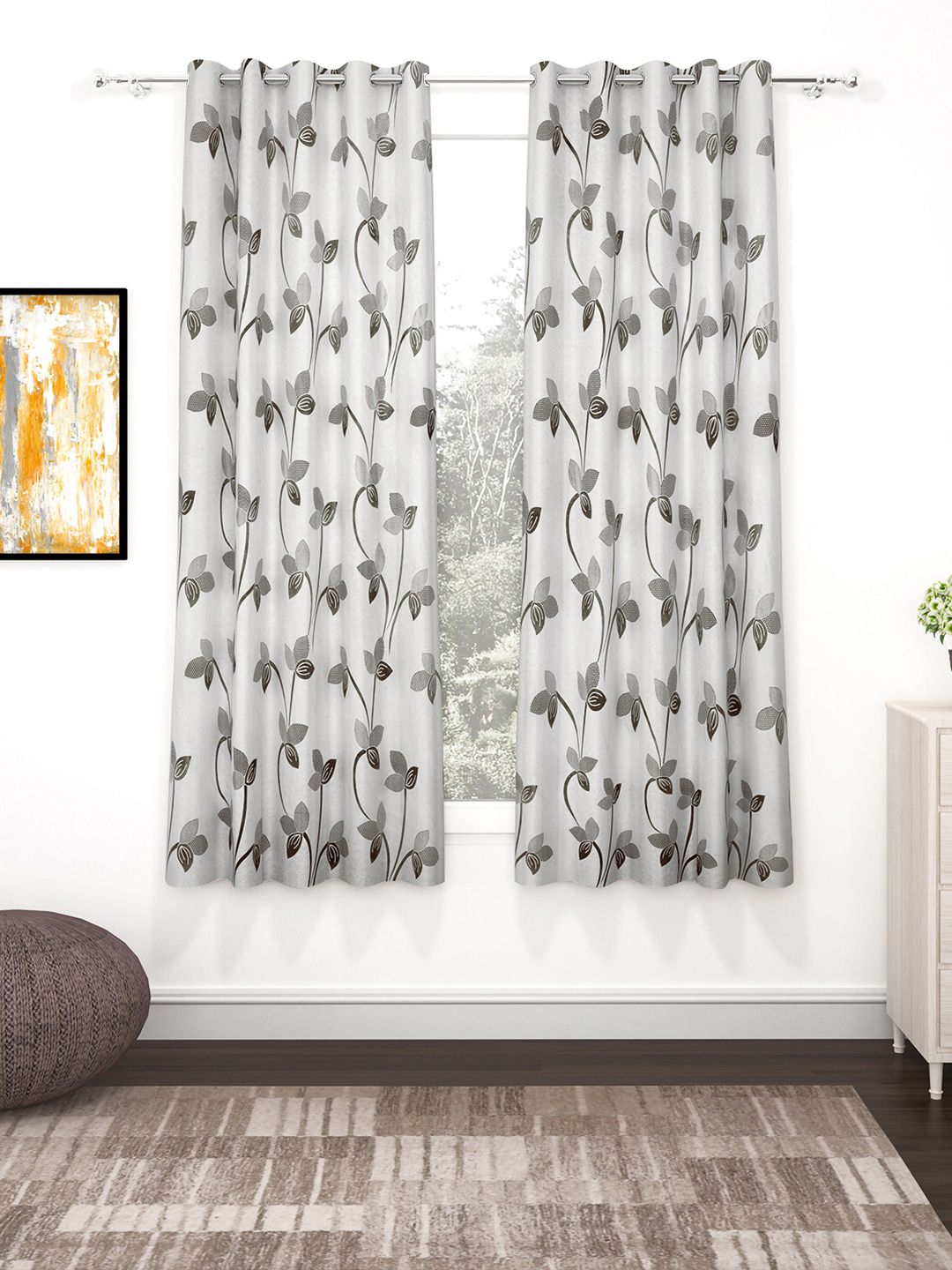 Bedspun Set Of 2 White & Grey Printed Polyetser Eyelet Ringtop Window Curtains Price in India