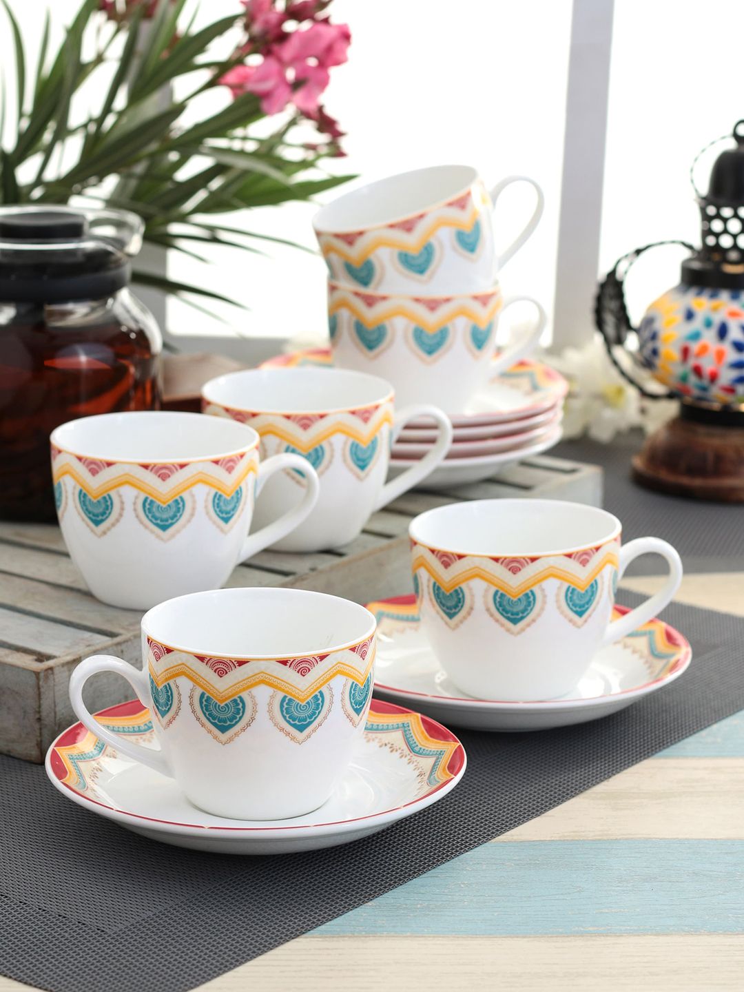 CLAY CRAFT Set Of 12 White & Red Printed Ceramic Cups & Saucers Price in India