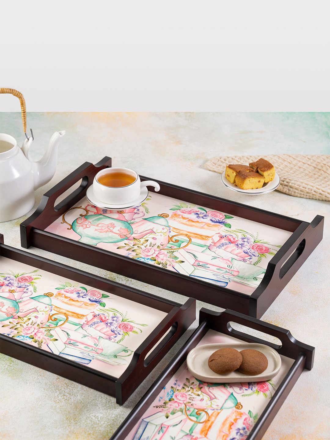KOLOROBIA Pink & White English Tea Party Print Small Wooden Tray Price in India