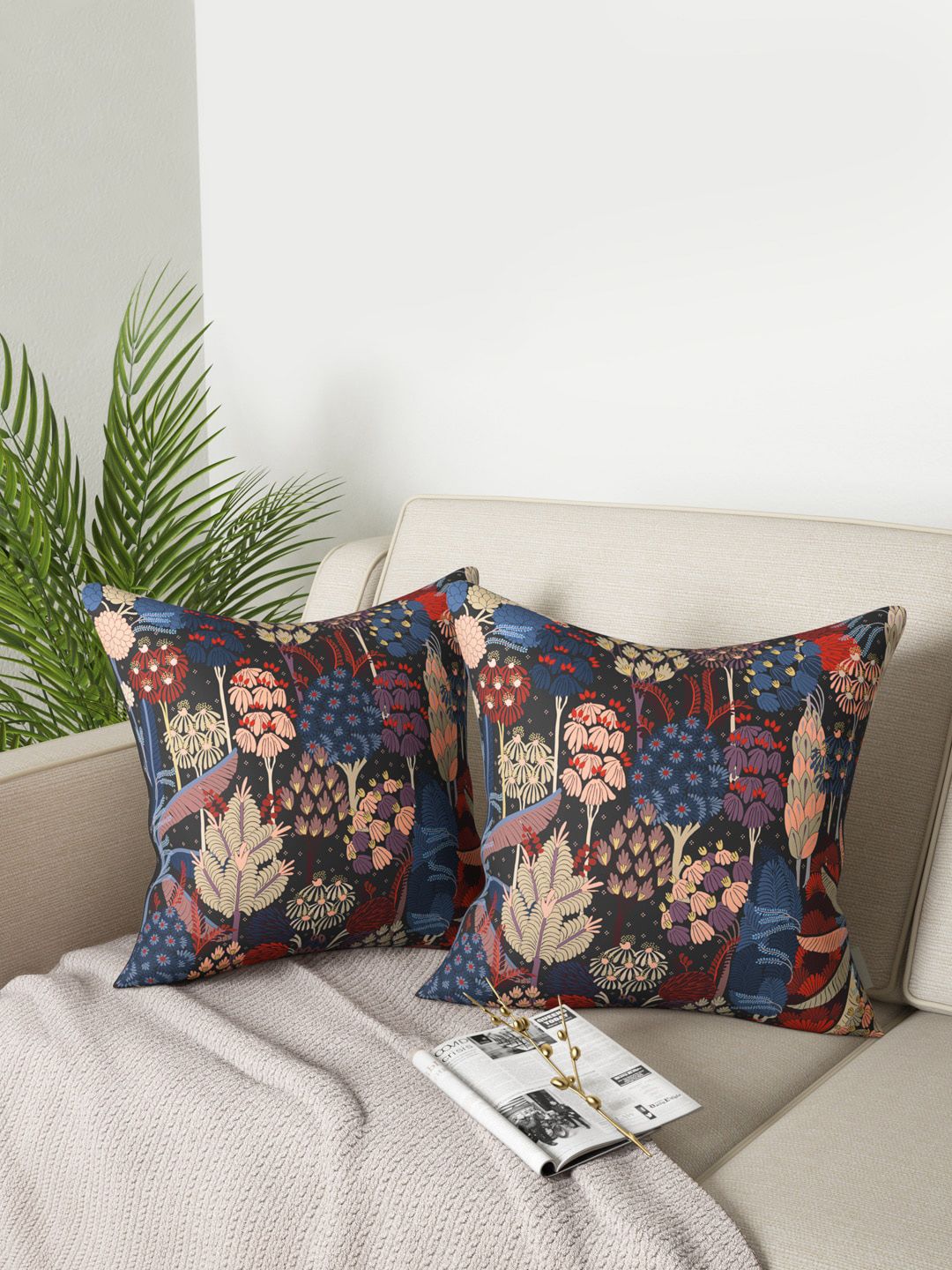 PETAL HOME Set Of 2 Black & Blue Floral Printed Square Cushion Covers Price in India