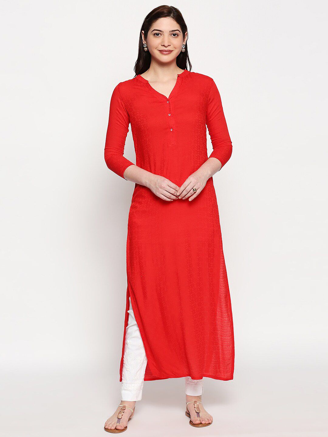 inocenCia Women Red Woven Design Straight Kurta