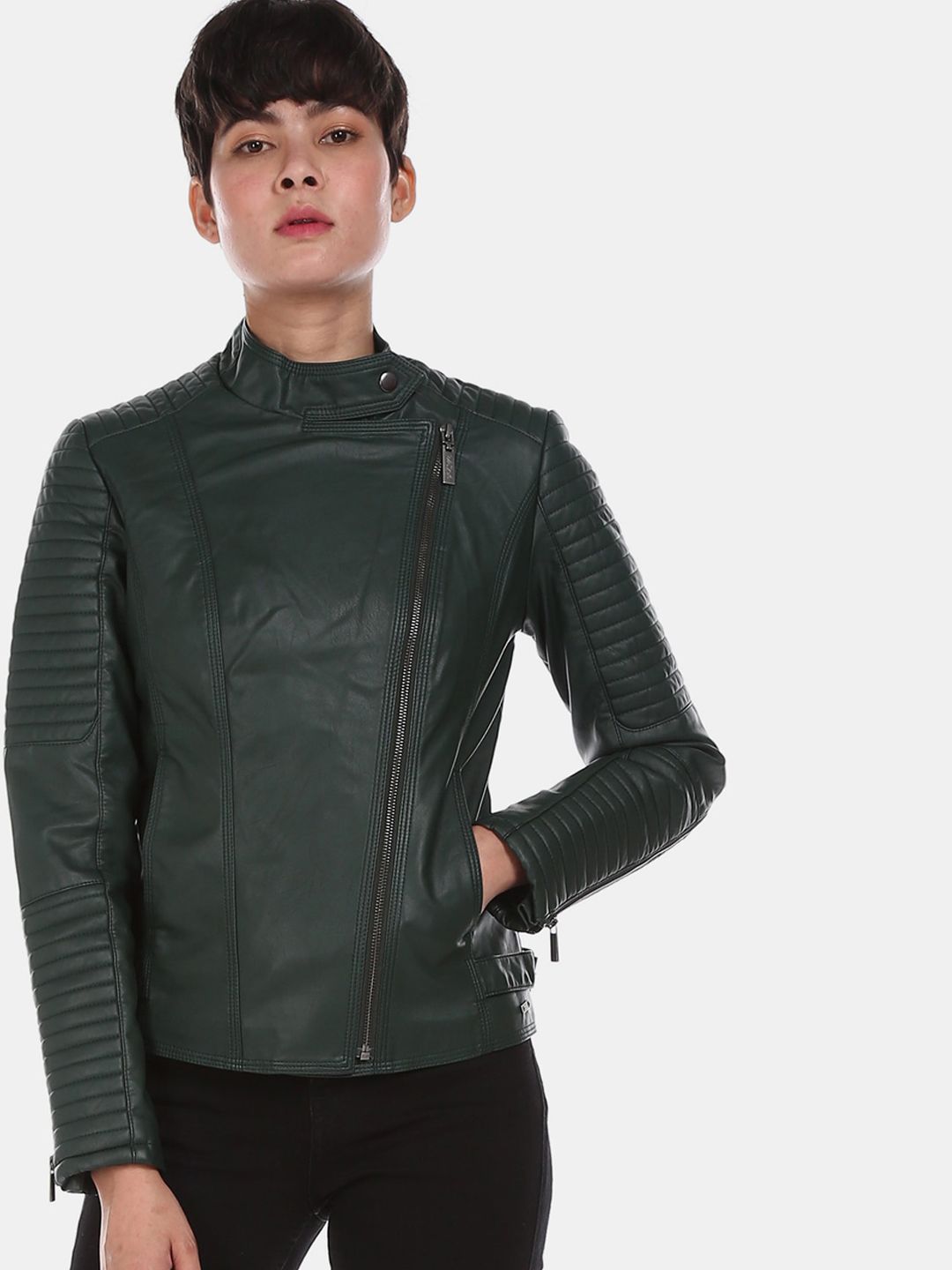 U.S. Polo Assn. Women Green Solid Biker Jacket Price in India