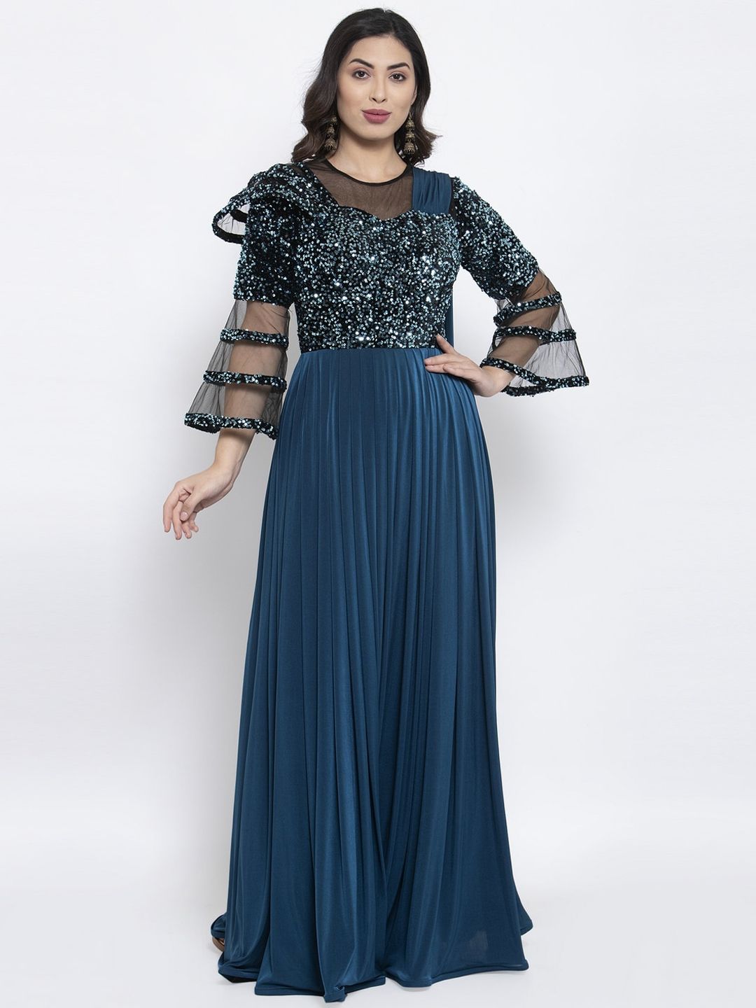 KHALOM Women Blue Self Design Maxi Dress