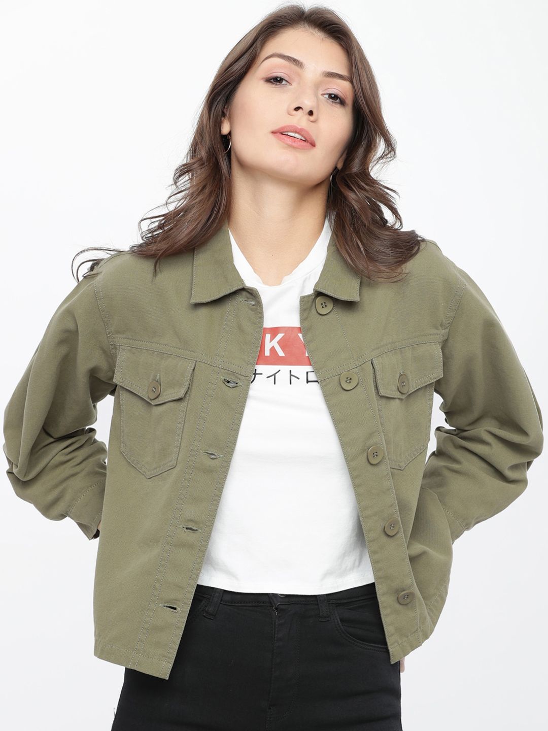 Tokyo Talkies Women Olive Green Solid Crop Denim Jacket Price in India