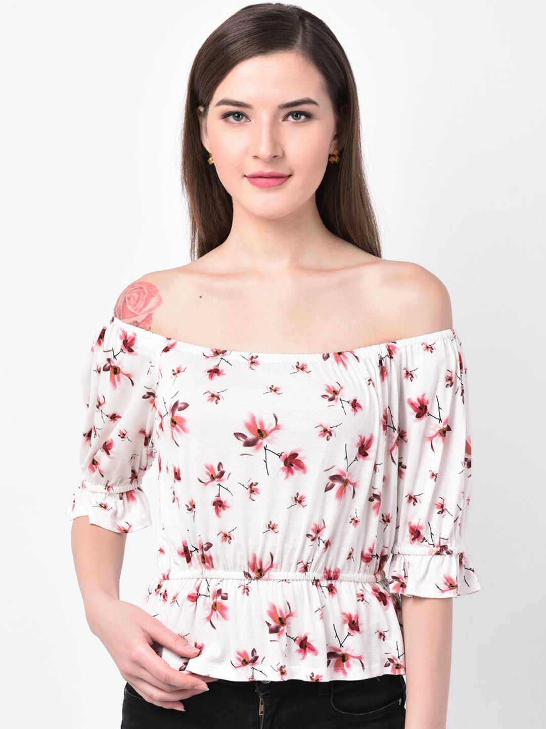 Latin Quarters Women White & Red Printed Bardot Top