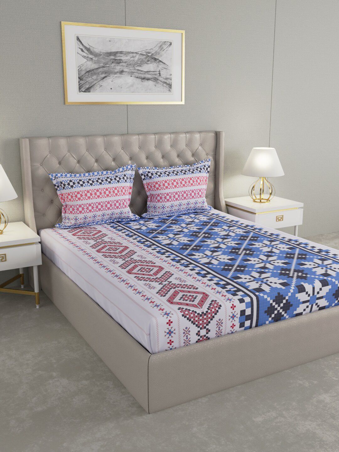 Raymond Home White & Blue Printed 100% Cotton 144 TC Double Bedsheet With 2 Pillow Covers Price in India