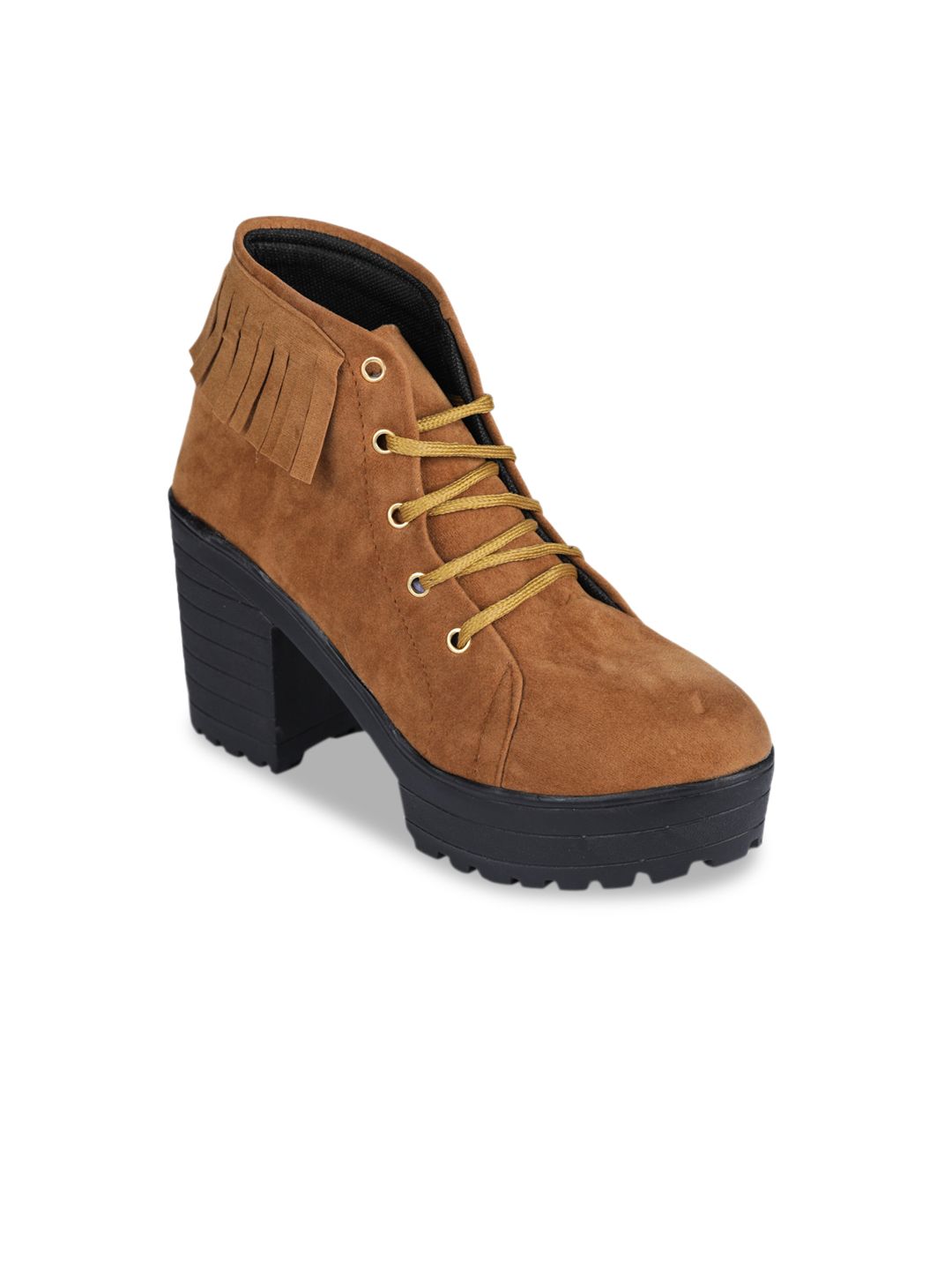 Funku Fashion Women Tan Brown Solid Mid Top Suede Heeled Boots Price in India