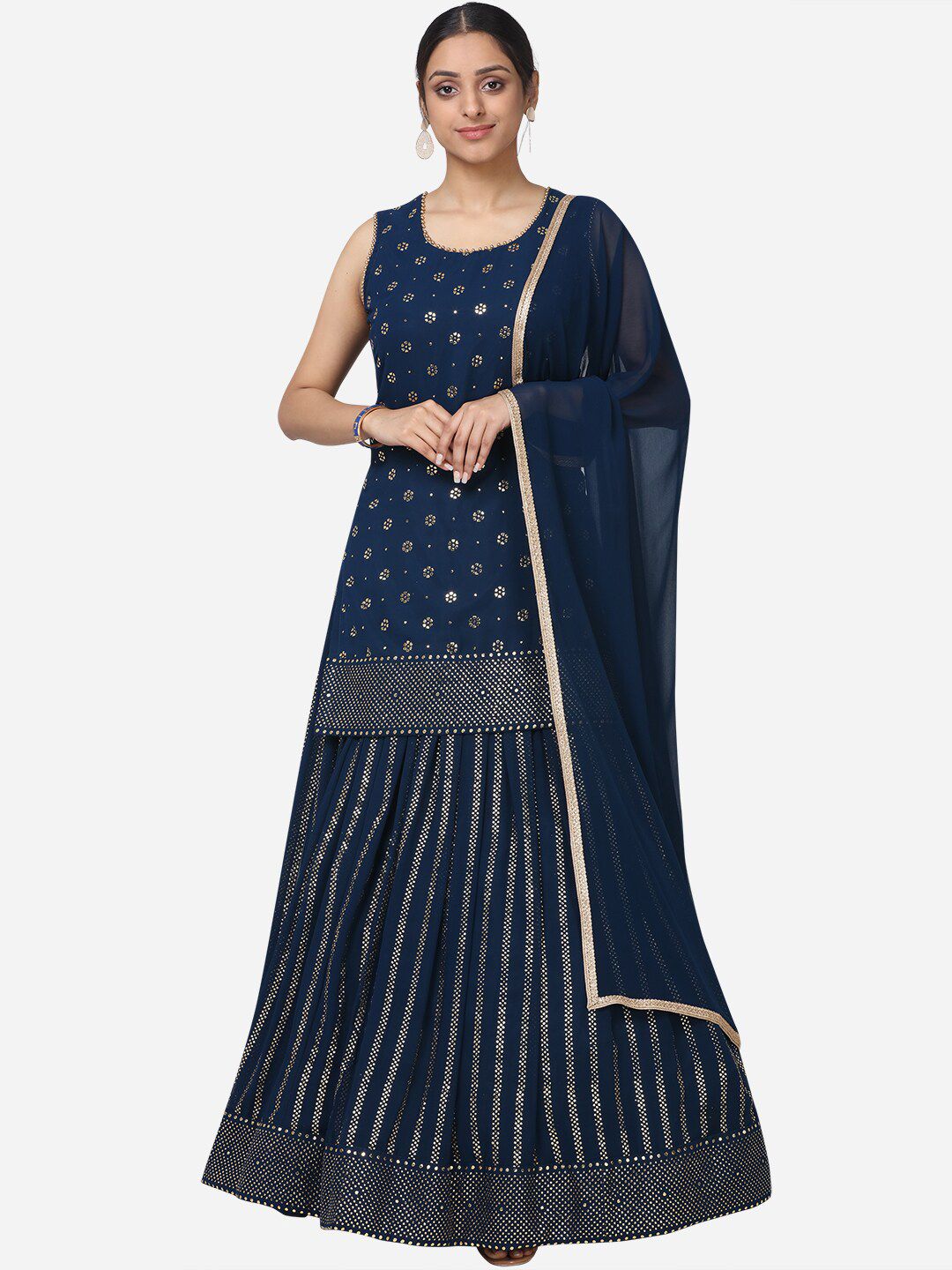 BOMBAY SELECTIONS Women Navy Blue & Gold-Toned Embellished Ready To Wear Lehenga Kurti with Dupatta