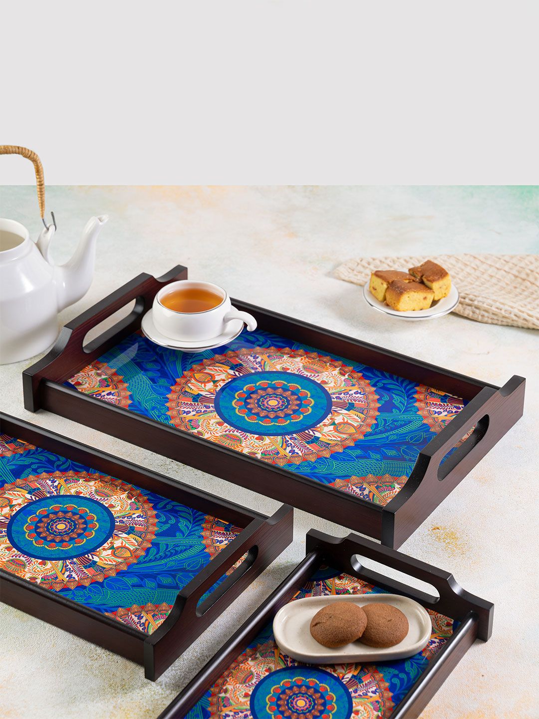 KOLOROBIA Blue & Orange Printed Egyptian Tranquility Small Wooden Tray Price in India