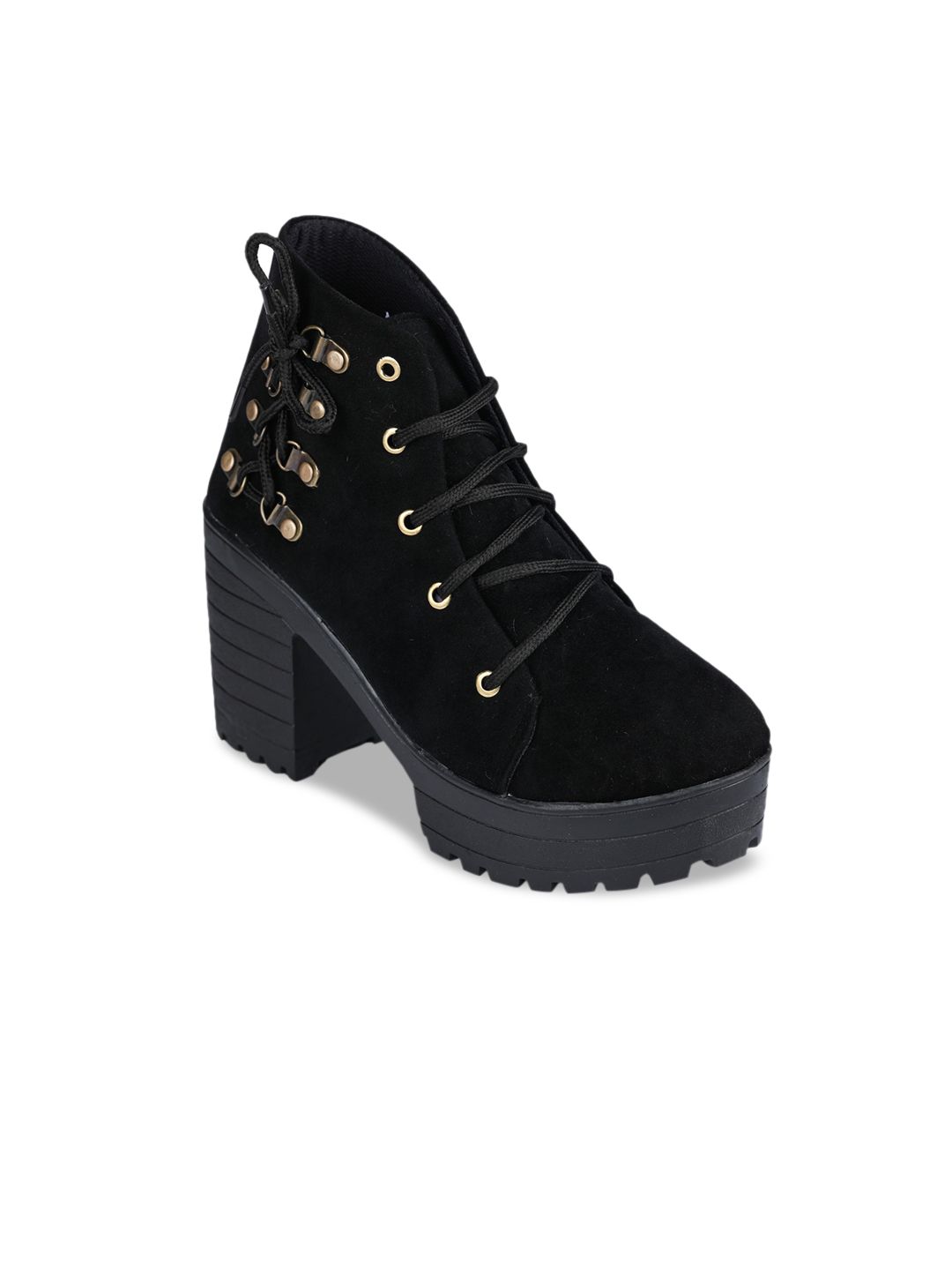 Funku Fashion Women Black Solid Suede Mid-Top Heeled Boots Price in India