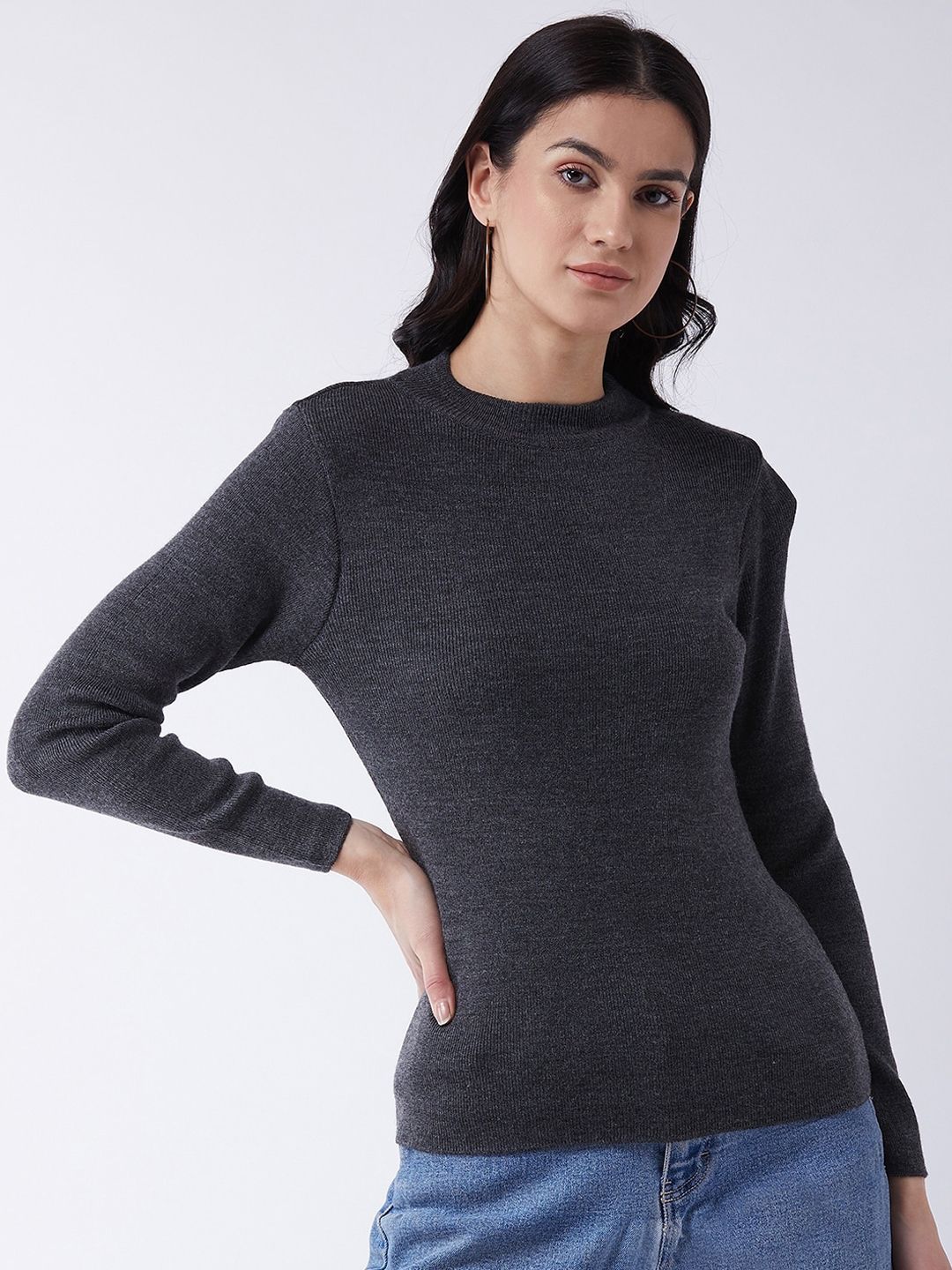 RVK Women Charcoal Grey Solid Acrylic Pullover Sweater Price in India